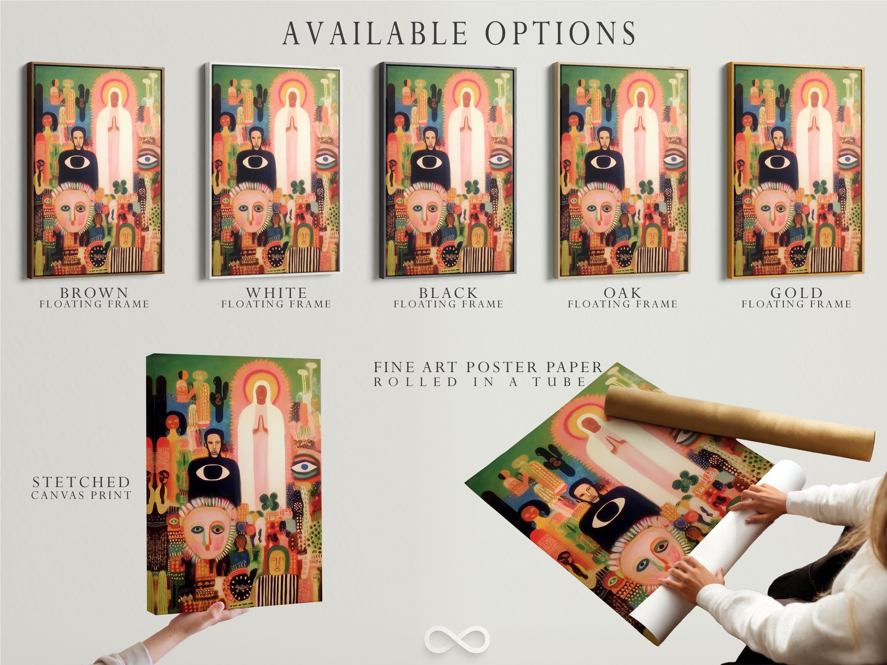 Sunburst halo abstract faces artwork with pink, green and gold figures detail view