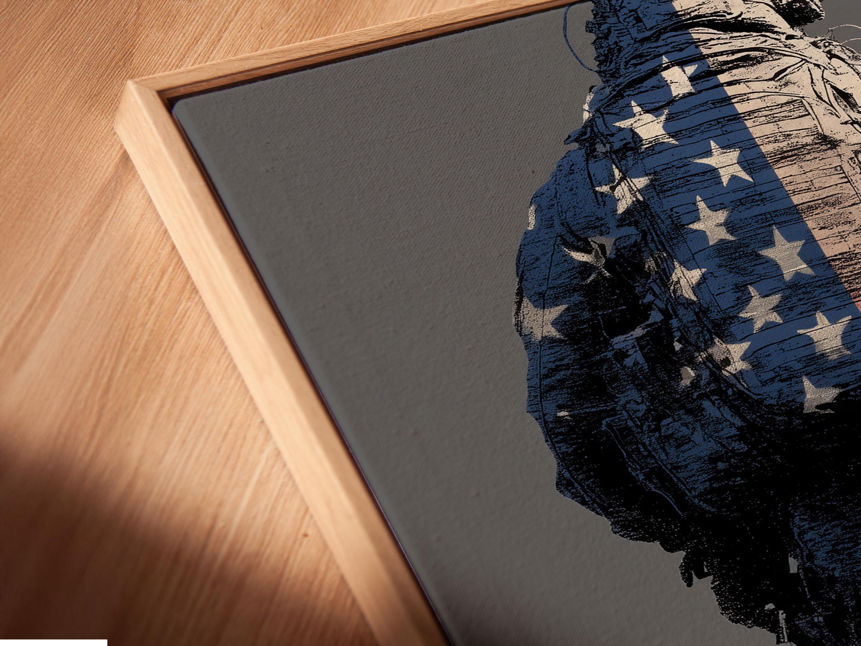 Distressed soldier illustration with blue star patchwork and red-and-navy city skyline detail view