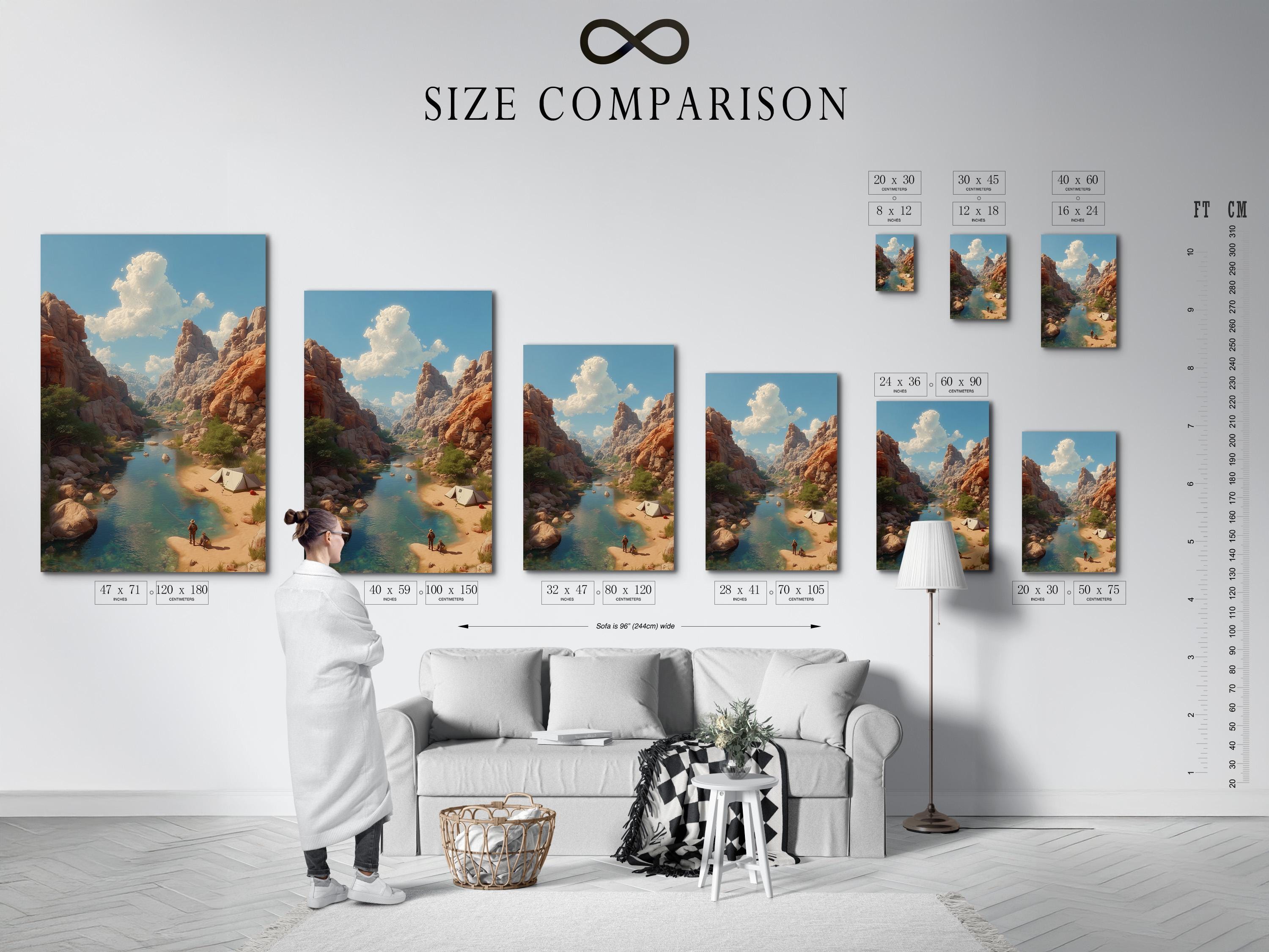 A framed desert canyon river landscape displayed with smaller preview images around it