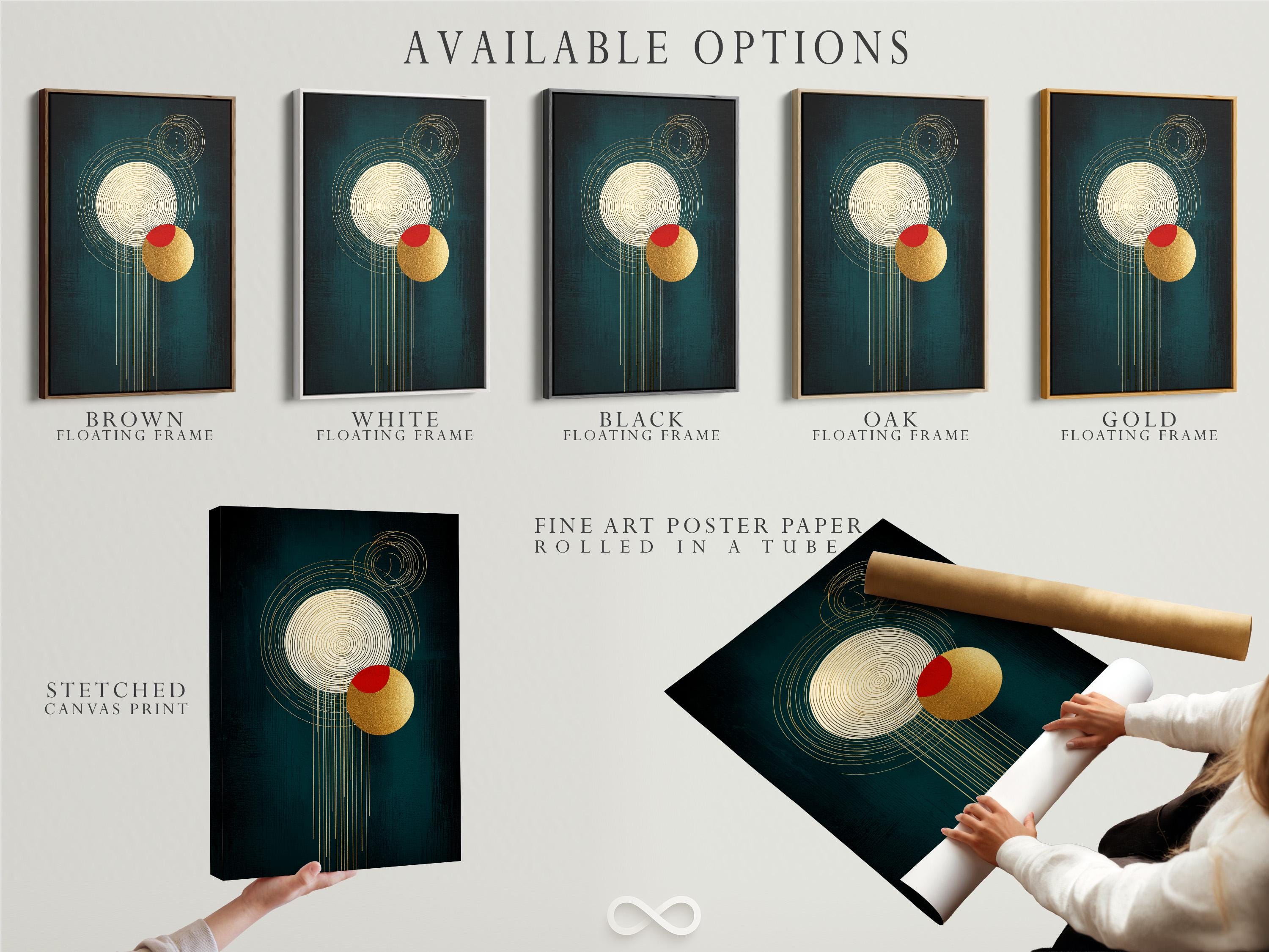 A teal abstract background features intersecting golden line circles, a red circle accent, and a gold disc with draping vertical lines detail view
