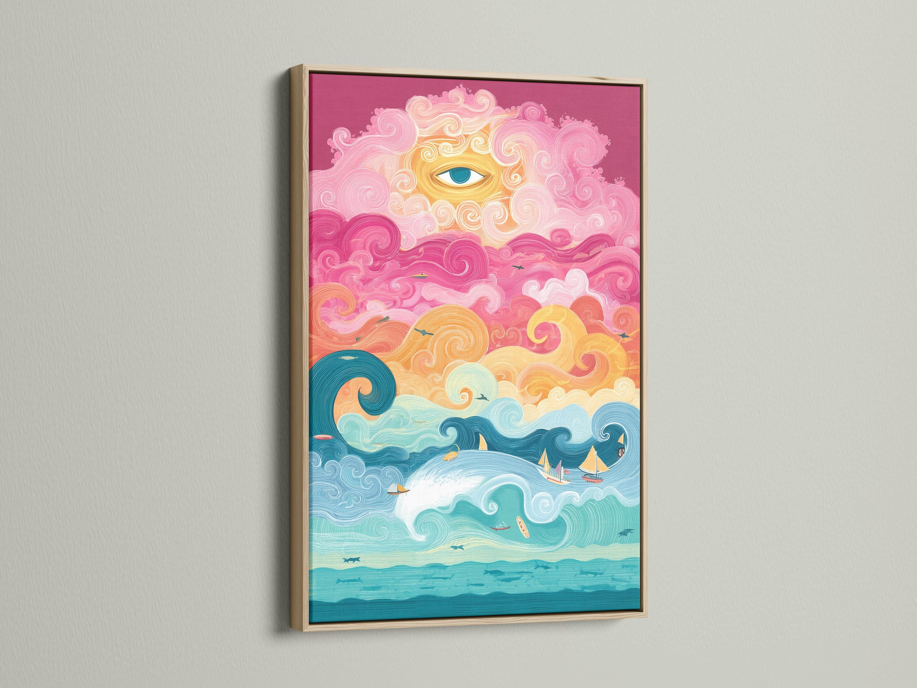 Colourful ocean scene with an eye in the sky, swirling clouds, waves, sailboats and fish detail view