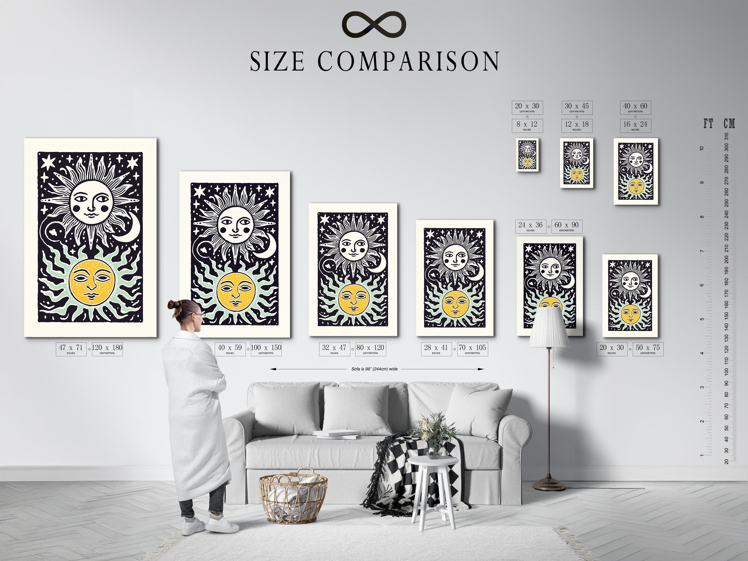 Room mockup showing framed sun and moon celestial artwork on a wall with decorative items nearby