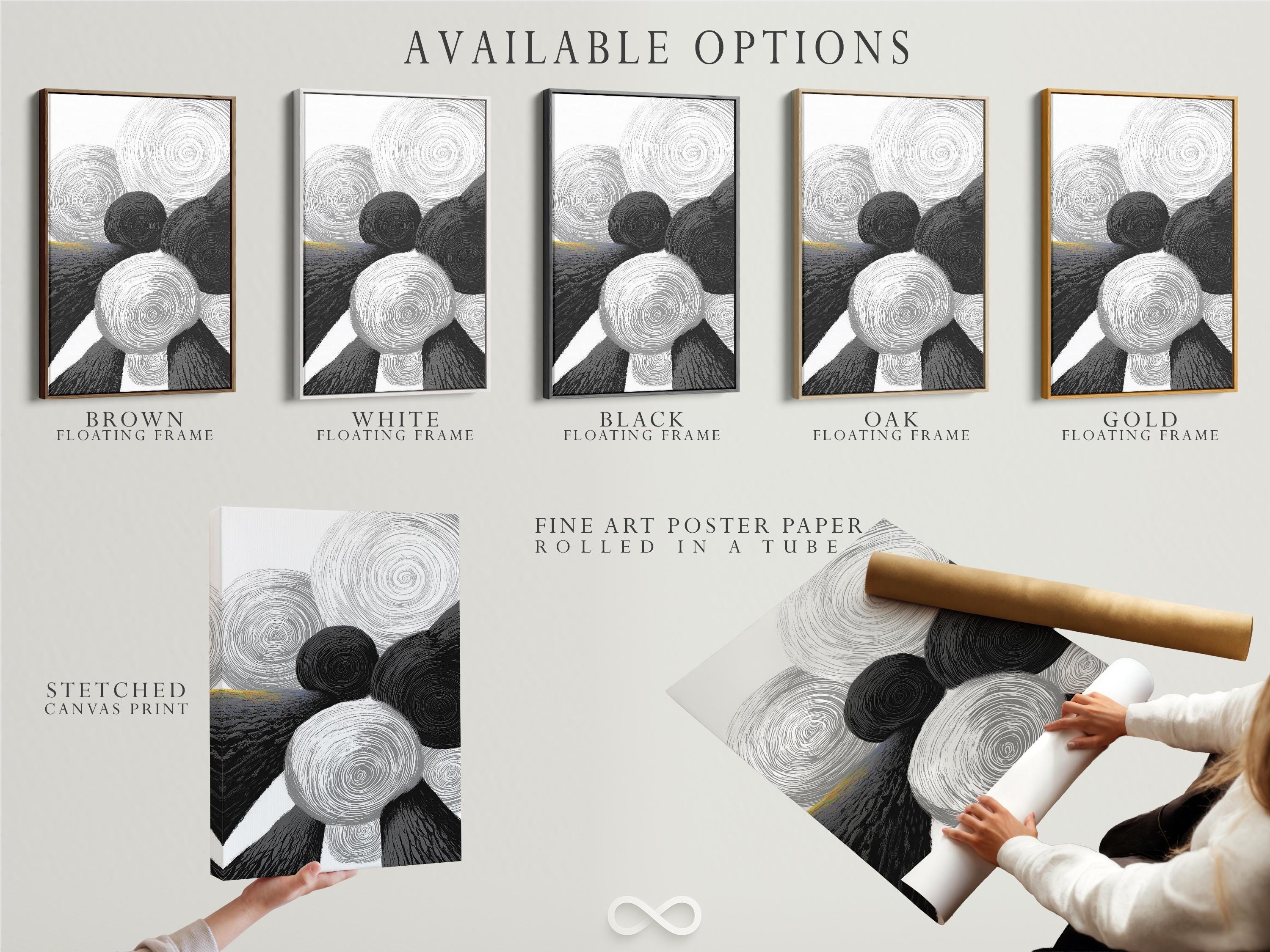 Monochrome abstract artwork with overlapping swirling rings in black, white and grey detail view