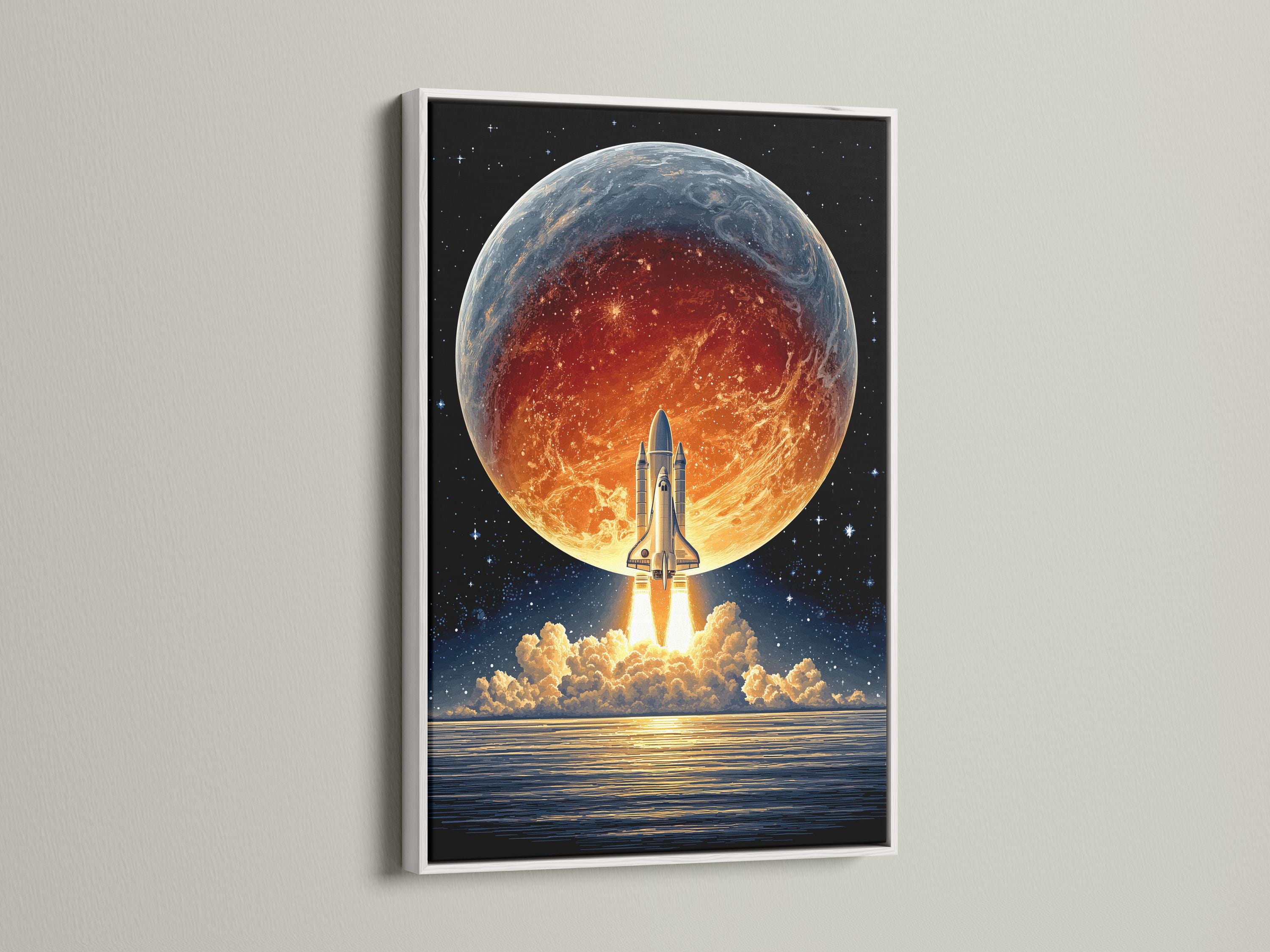 Room mockup showing a framed retro sci-fi rocket launch artwork on a wall