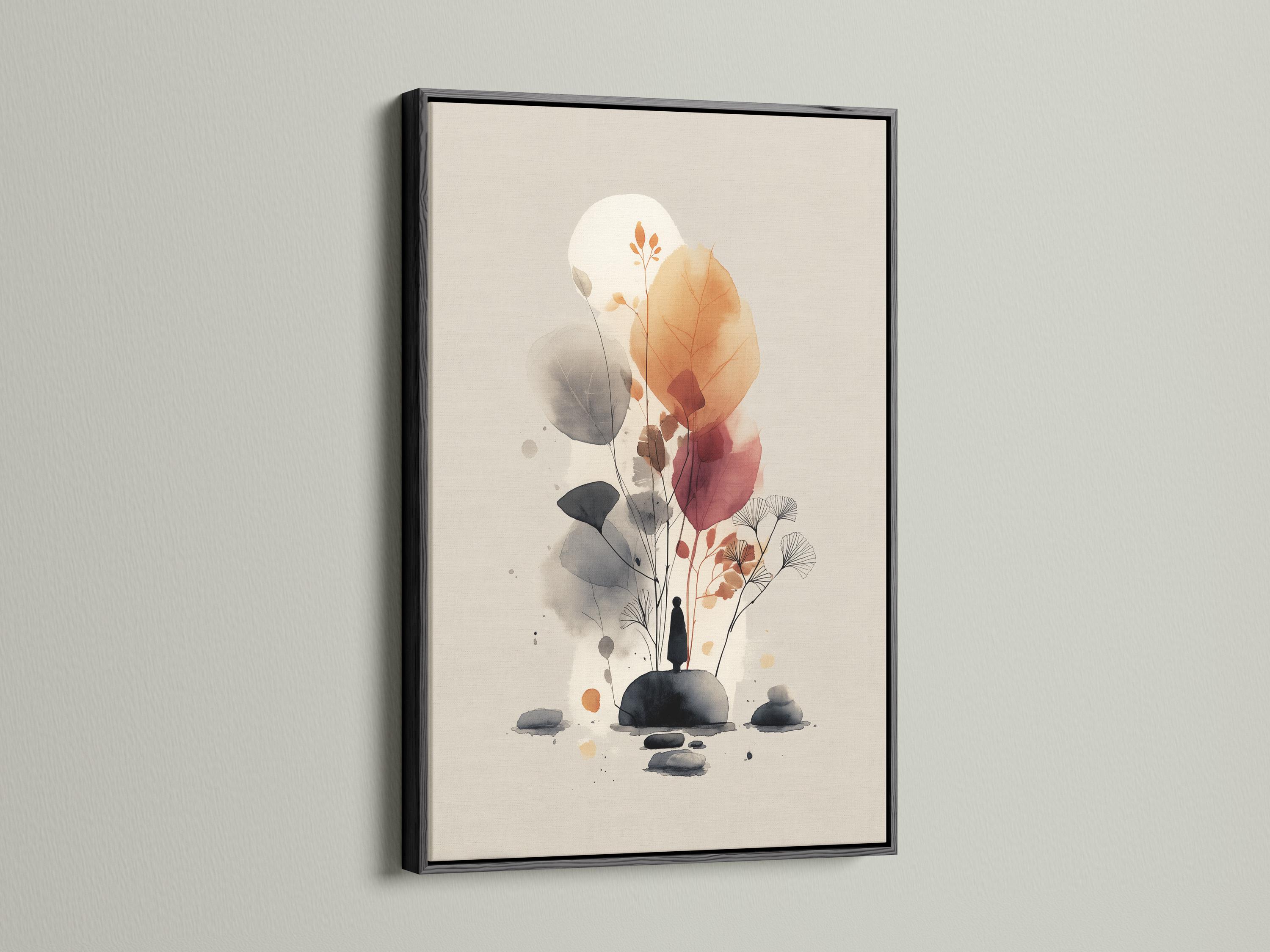 Abstract botanical artwork with watercolor-like leaves and orange flower heads on a beige background detail view
