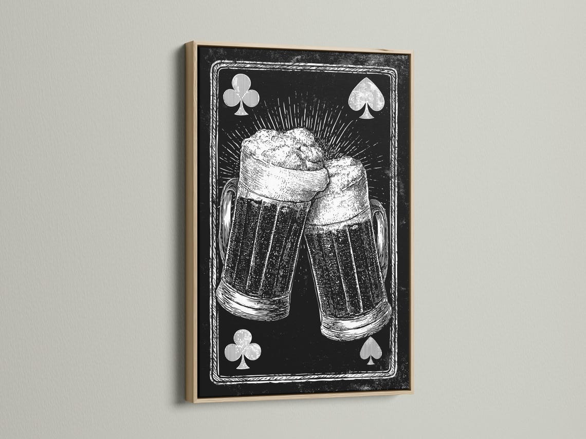 Monochrome illustration of two beer tankards with club and spade card symbols detail view