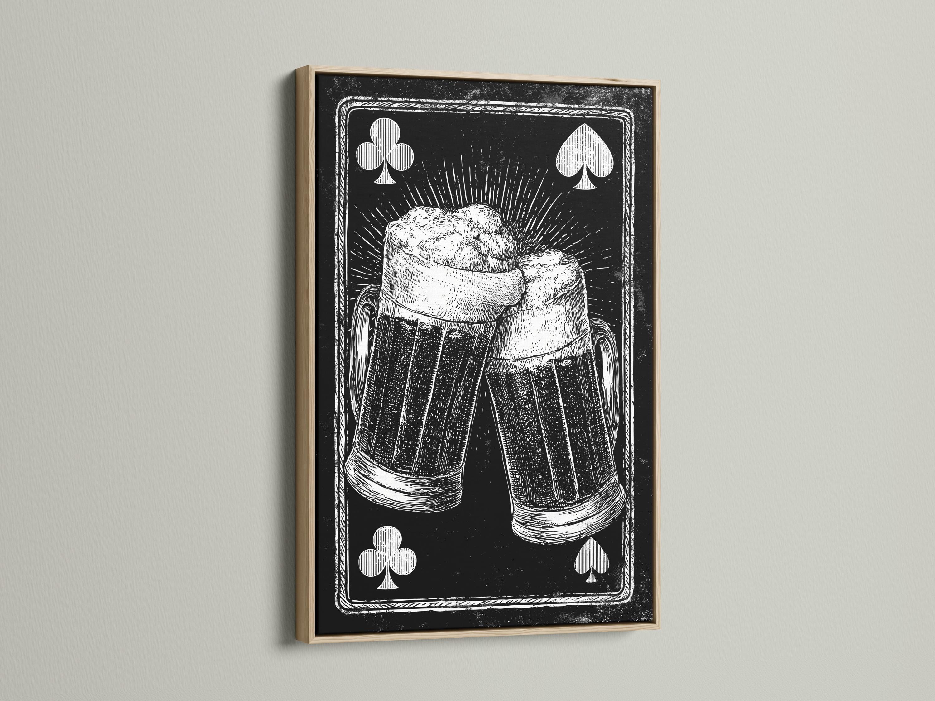 Monochrome illustration of two beer tankards with club and spade card symbols detail view