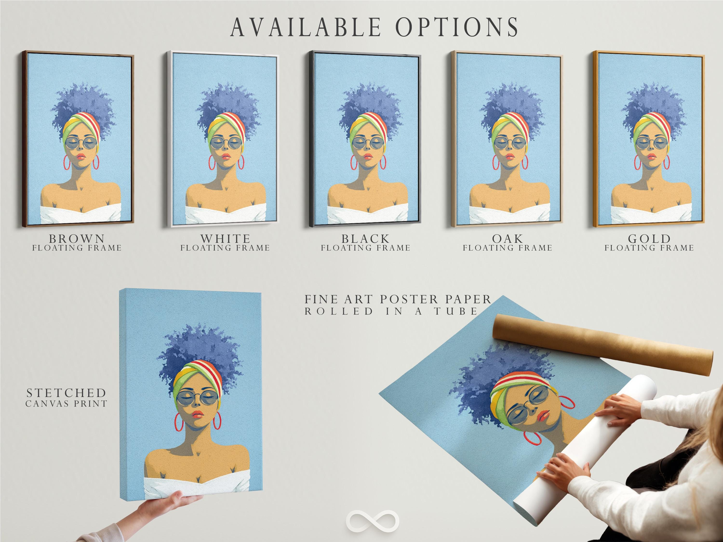 Stylised portrait of a woman with glasses and a rainbow headwrap on a textured blue background detail view