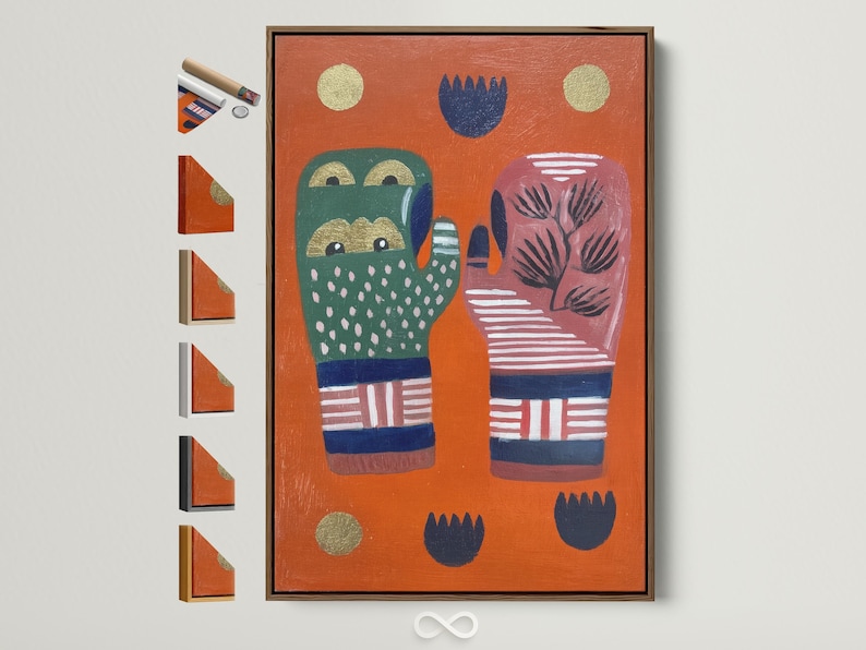 Orange folk art hands illustration with a tree motif, blue bands, and golden circles