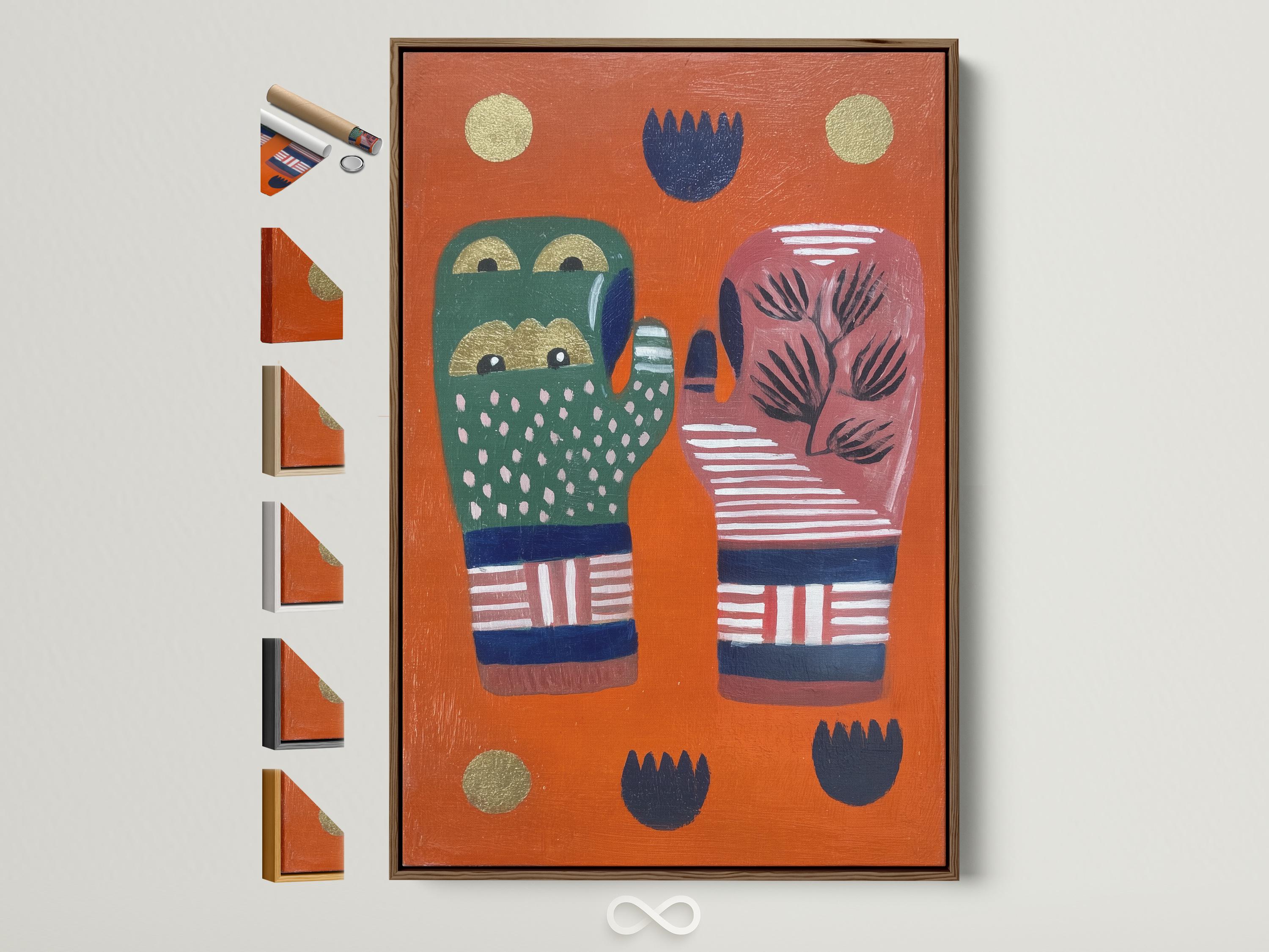 Orange folk art hands illustration with a tree motif, blue bands, and golden circles