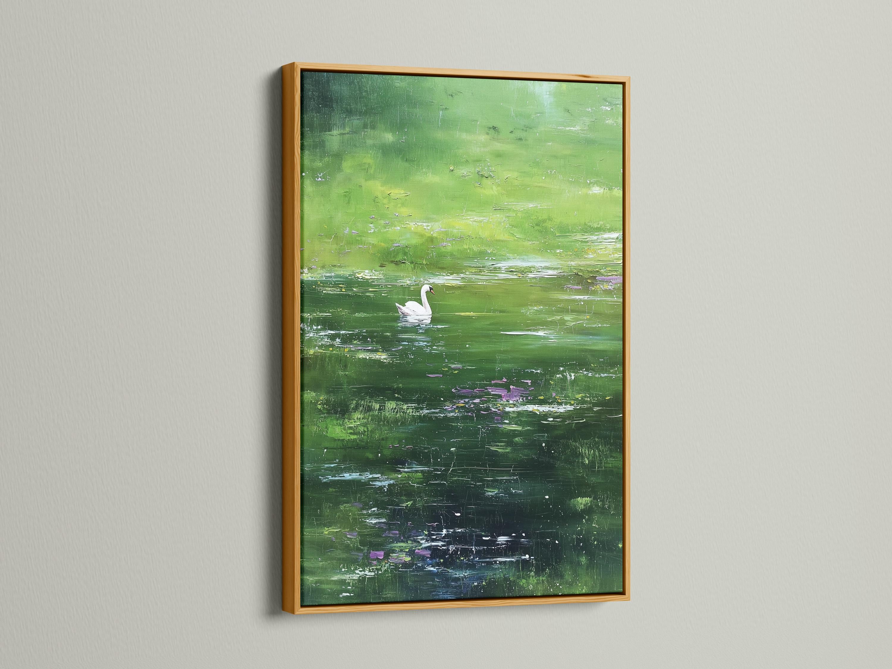 White swan in a green pond painting with lily pads and small purple-pink blossoms detail view