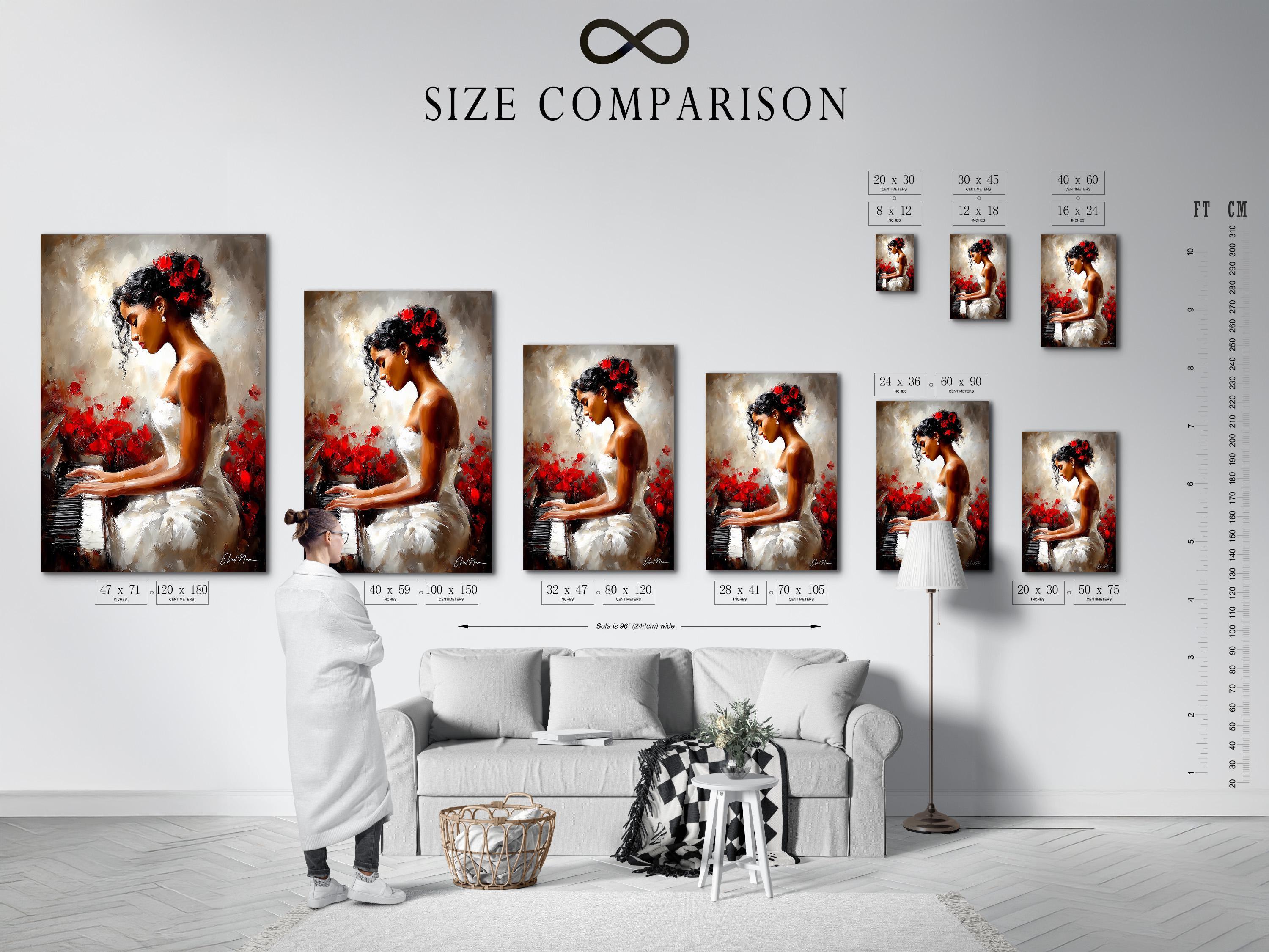 A framed artwork of a woman playing a piano with red flowers displayed in a room