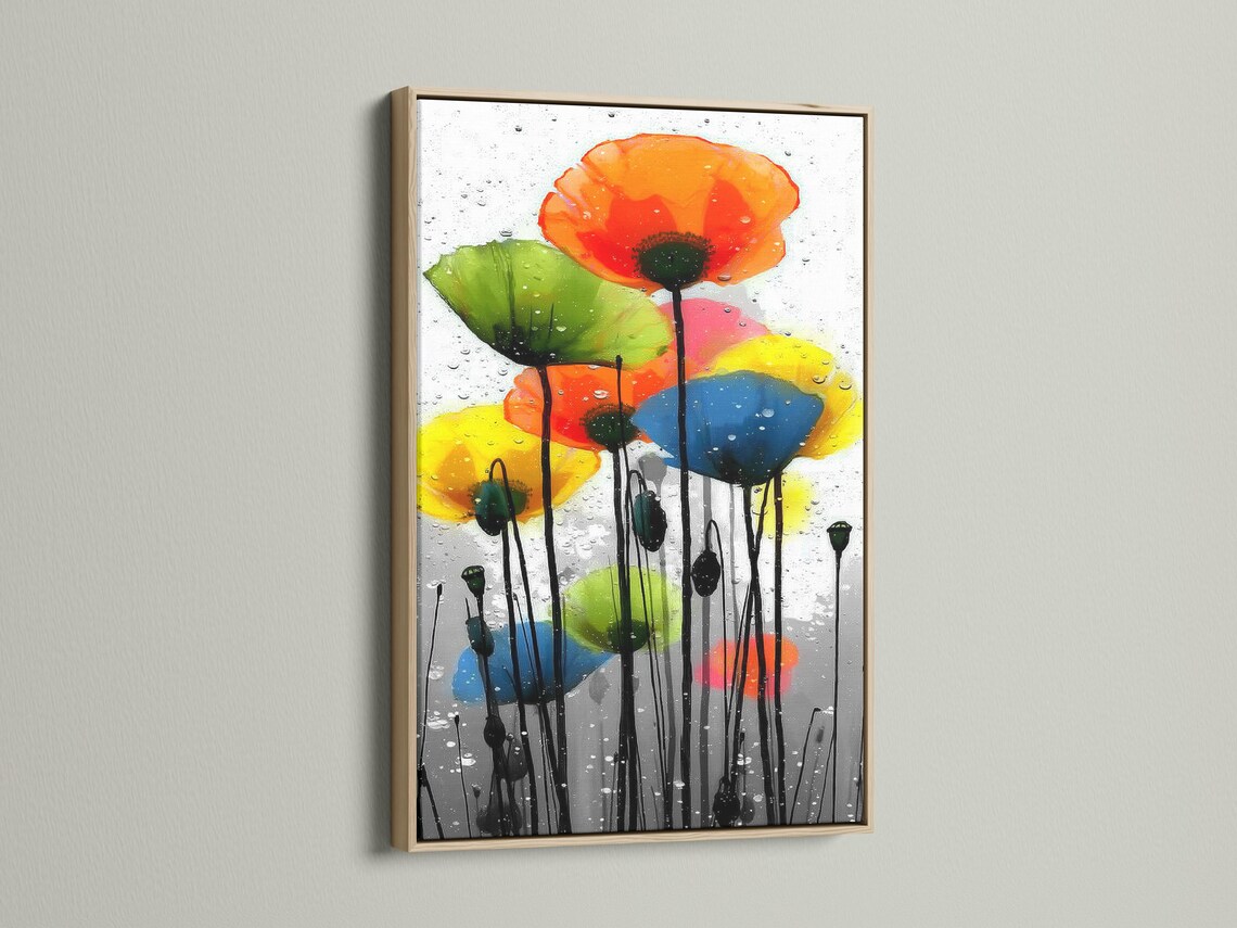 Orange poppy-like flowers with dark stems and raindrop-like speckling on a light background detail view