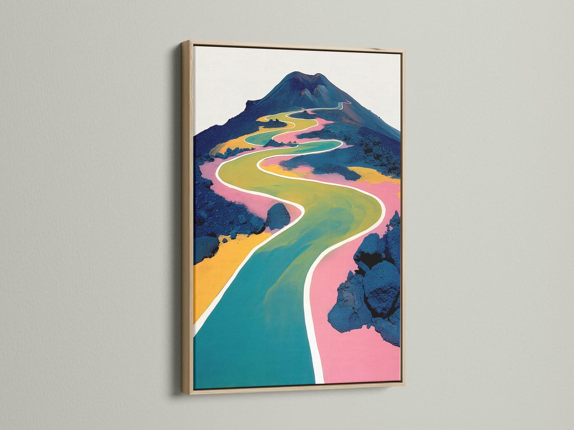 Winding road-like path through a stylised mountain landscape with teal, yellow and pink colours detail view