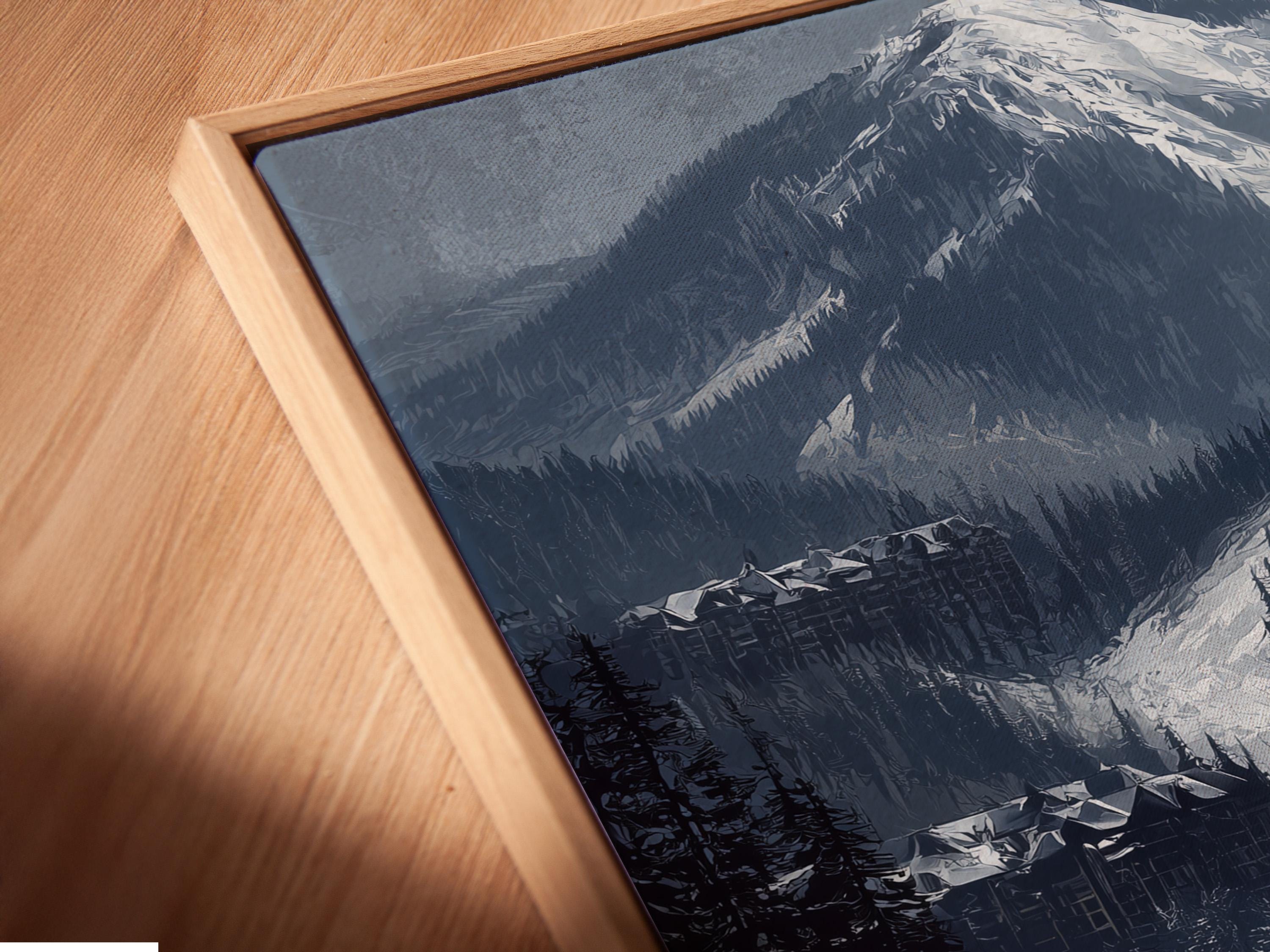 Alpine winter landscape with snow-capped mountains, evergreen trees and a ski slope with a chairlift detail view