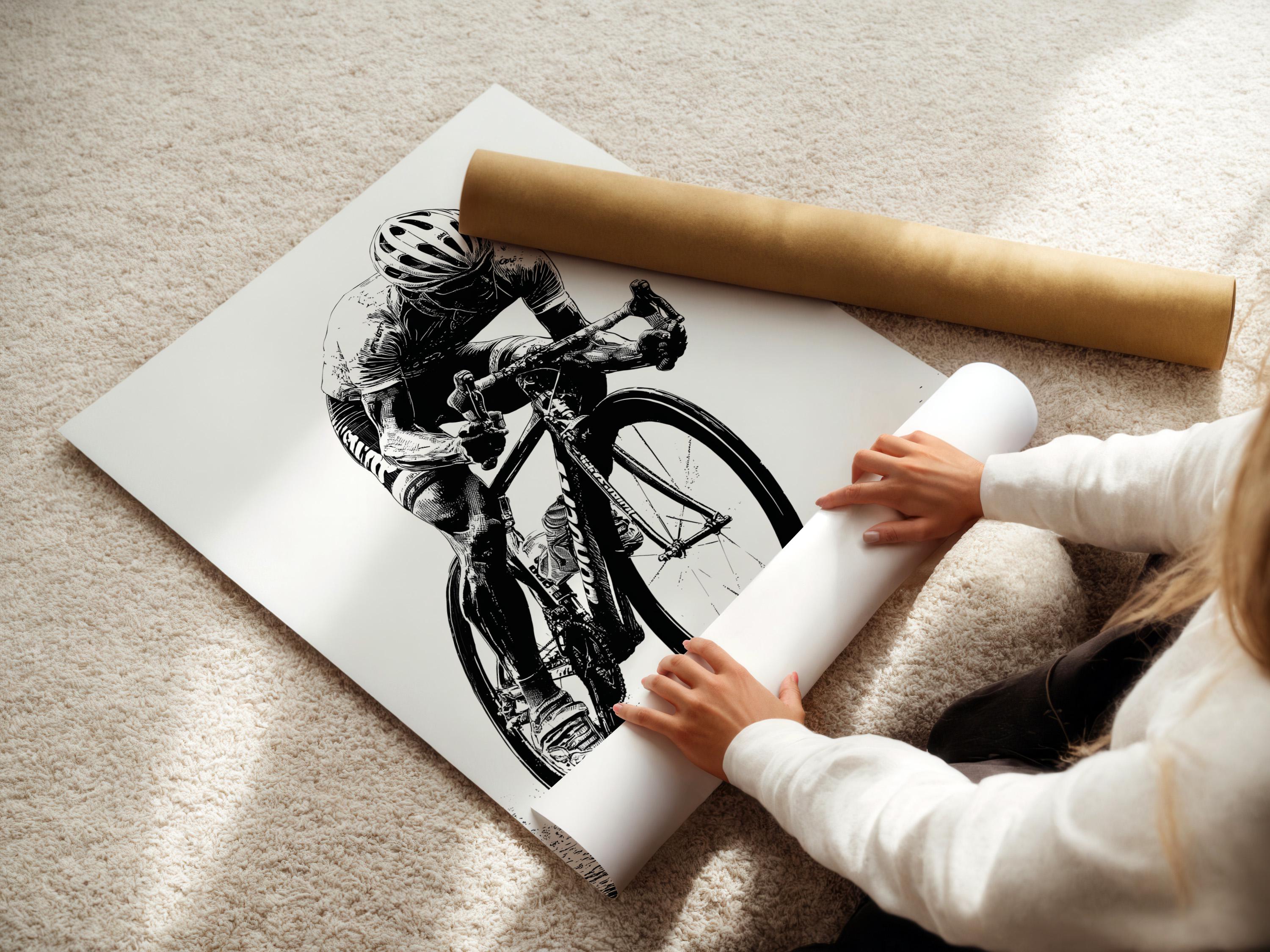 Room mockup showing a framed black and white cyclist illustration on a wall