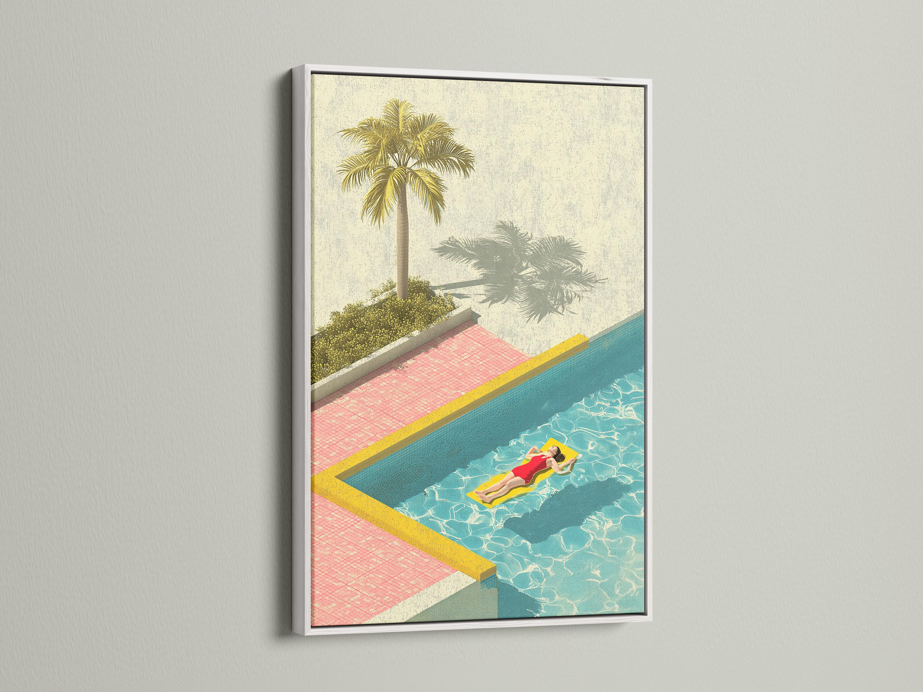Retro poolside illustration with a tall palm tree, turquoise water, pink tiles, and a person relaxing on a float detail view