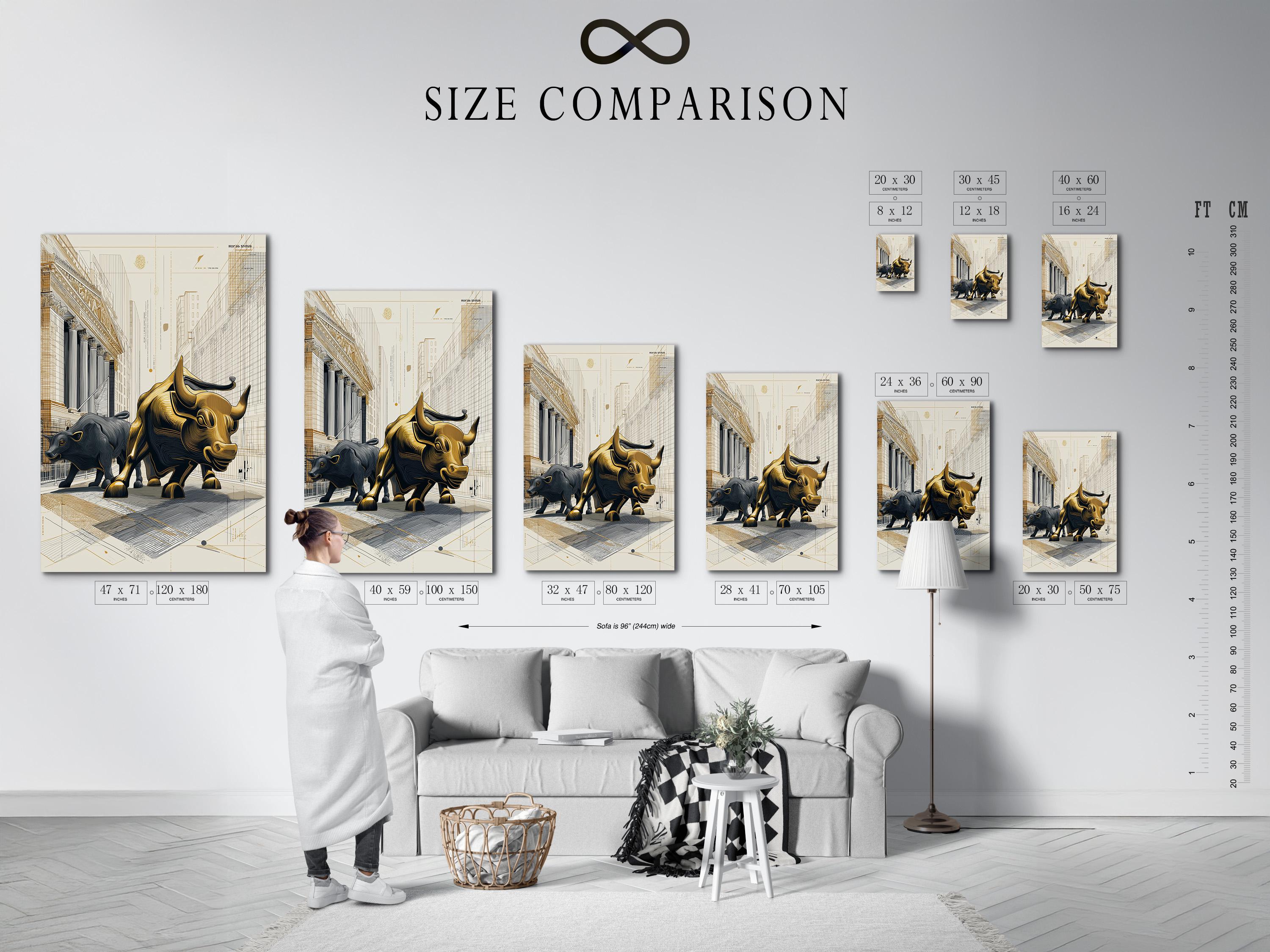 Gold bull and dark bear face-off in an architectural grid city drawing with beige background detail view