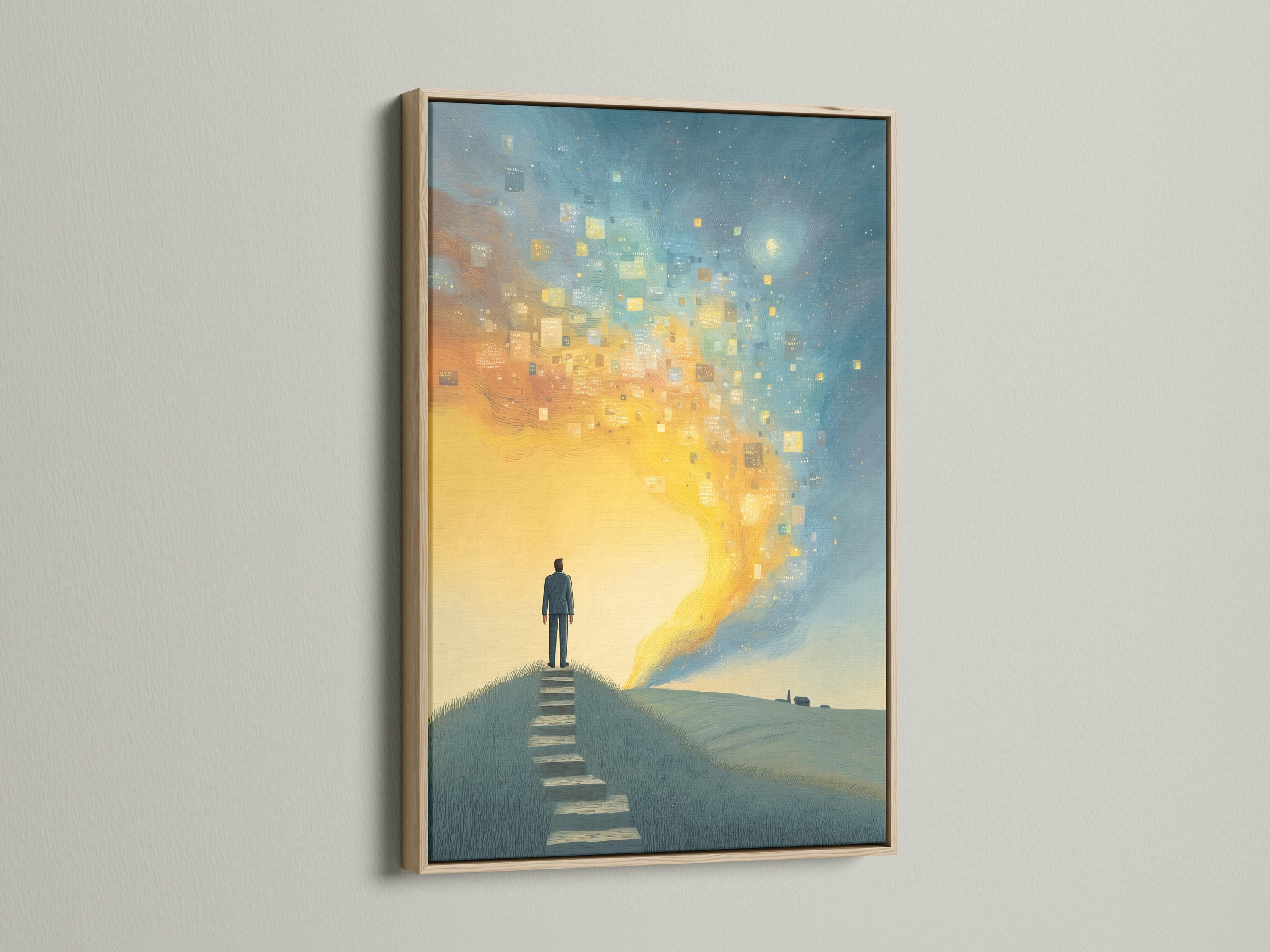 Wall mockup showing framed blue and gold surreal steps artwork