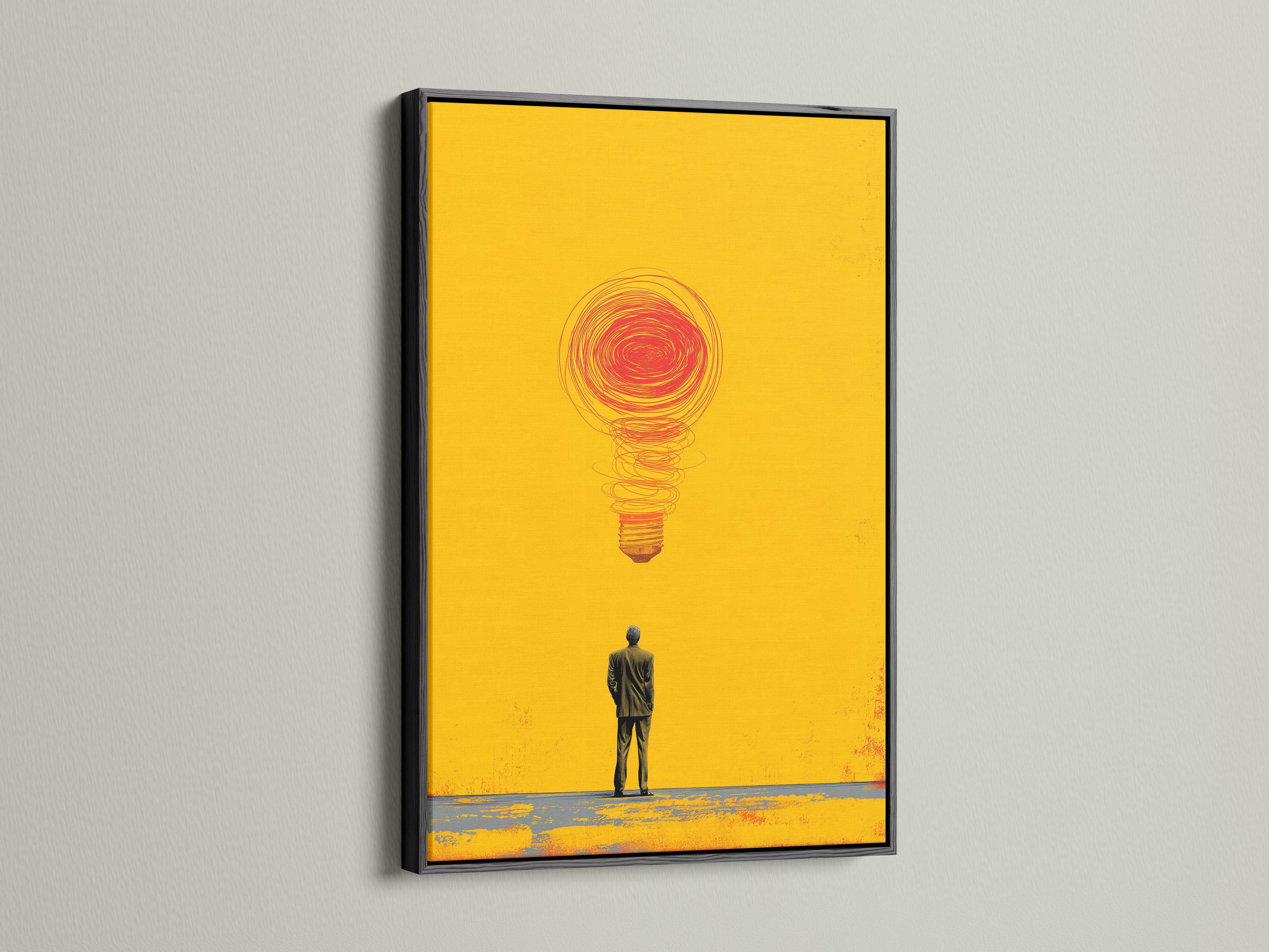 Red swirling lightbulb idea above a dark figure on a bright yellow background detail view
