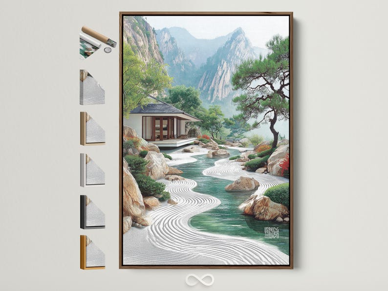 River landscape garden scene with raked sand path, pavilion, rocks, trees and misty mountains