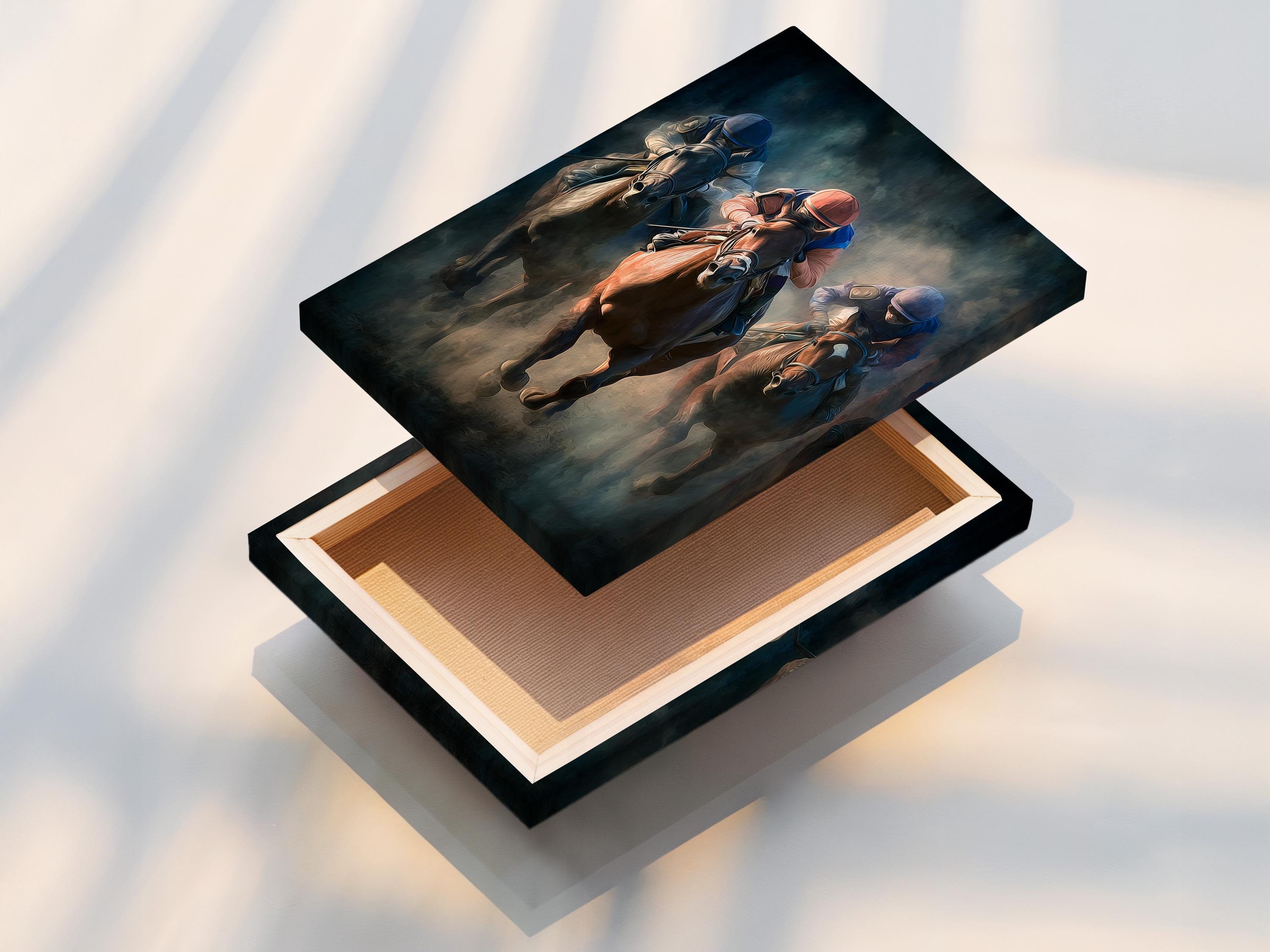 Painterly horse racing scene with jockeys in helmets riding galloping horses detail view