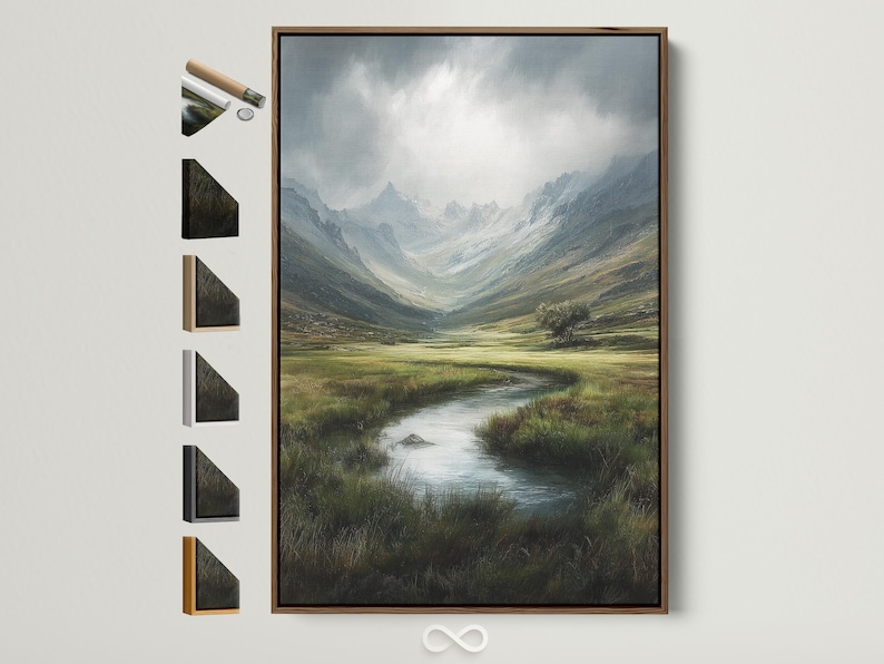 Misty mountain valley landscape with a winding river and green meadows under a cloudy sky