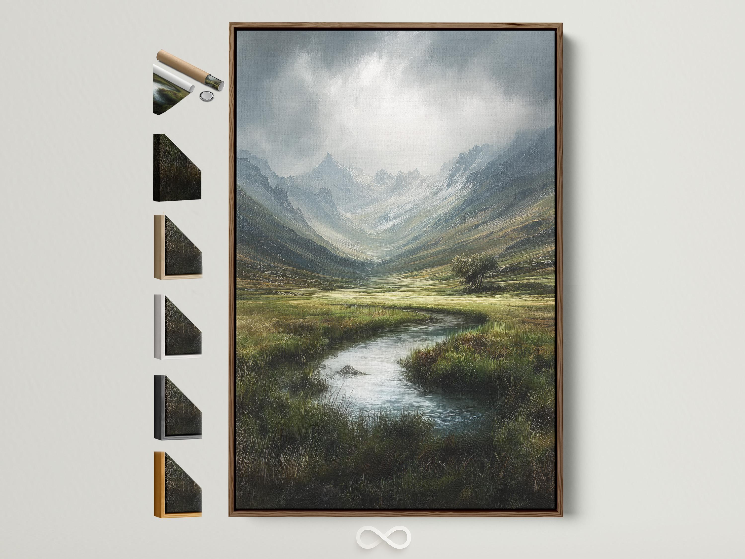 Misty mountain valley landscape with a winding river and green meadows under a cloudy sky