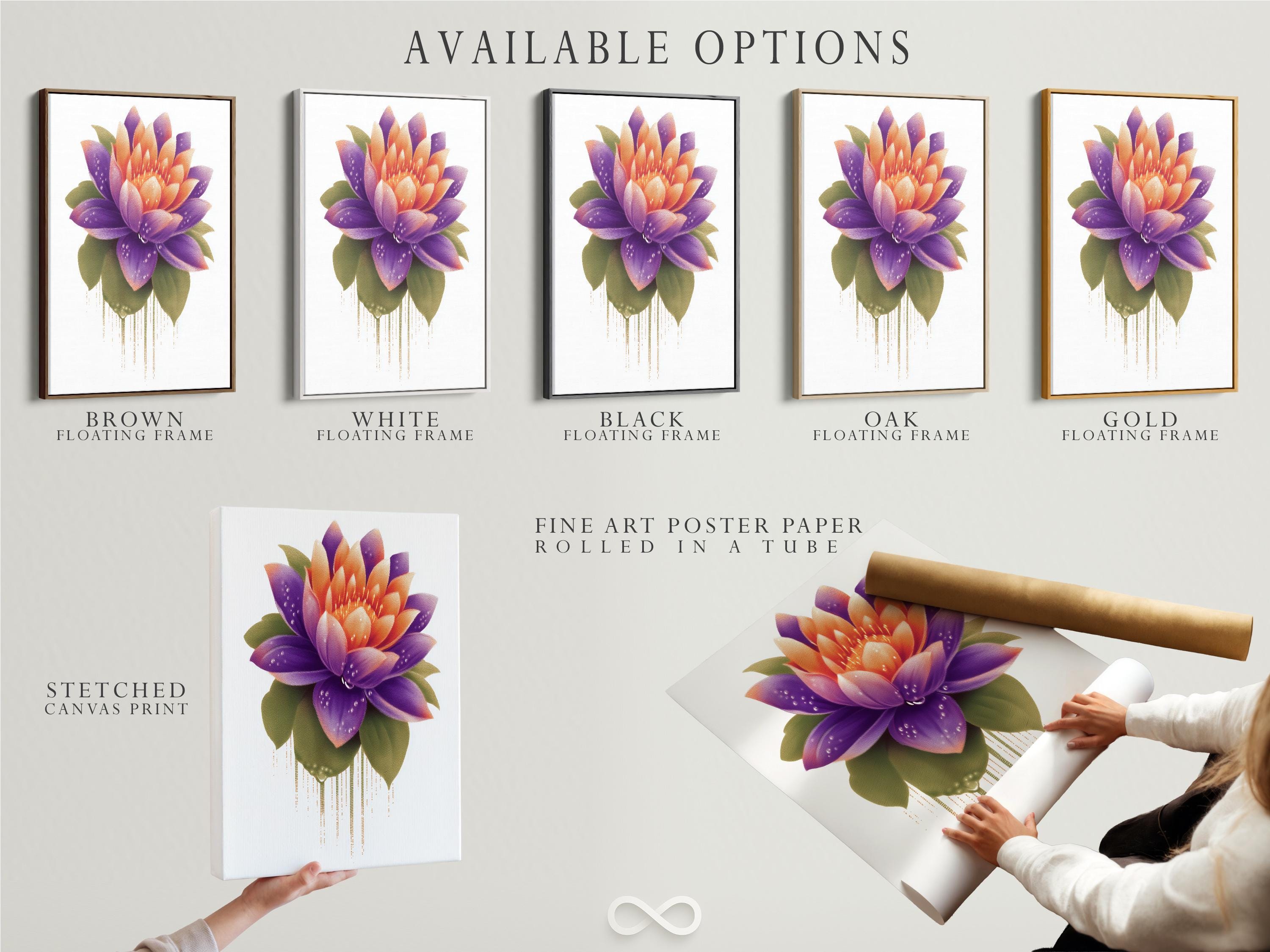 Lotus flower artwork with purple and orange petals and green leaves on a white background detail view