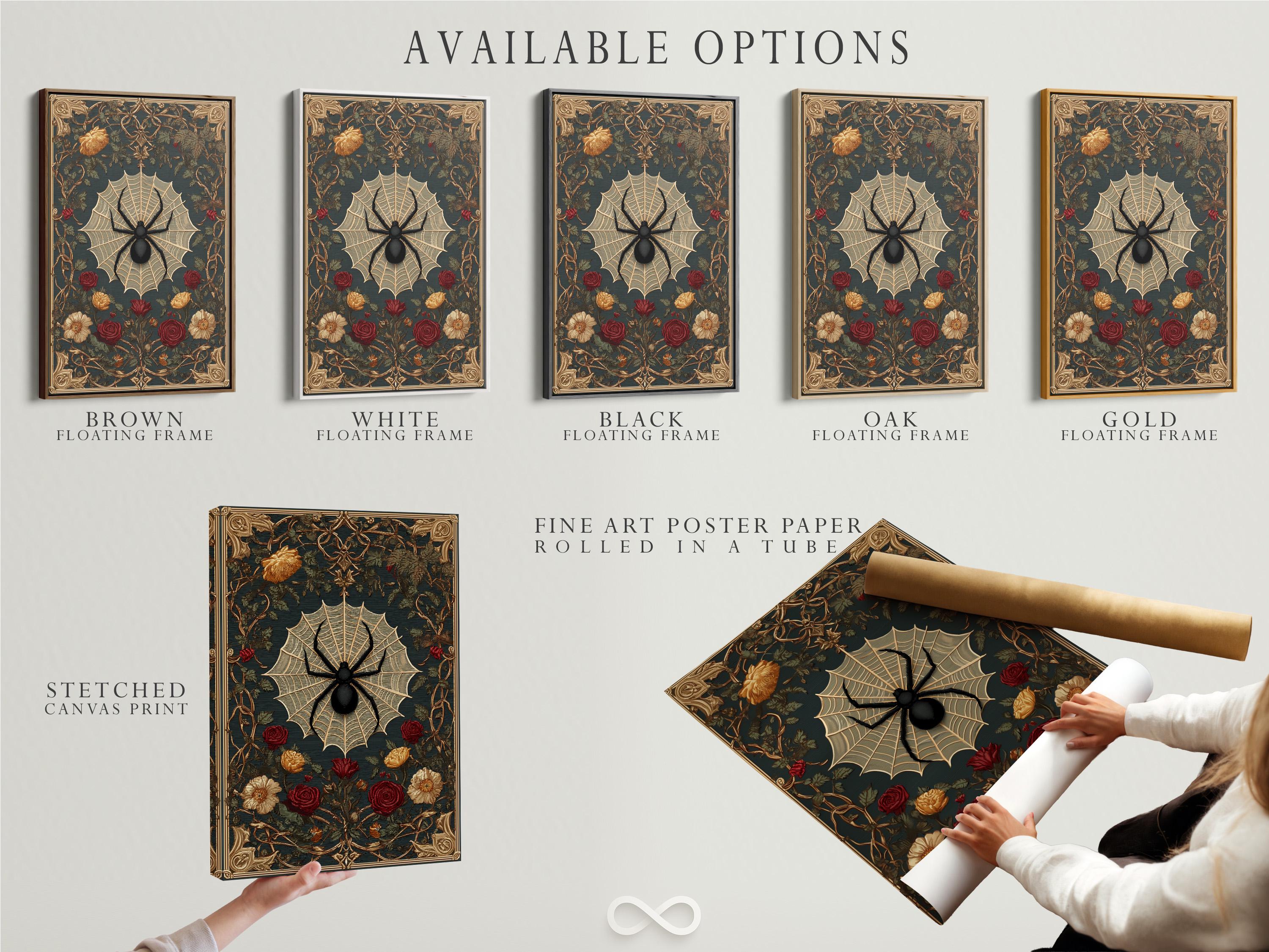 Gothic spider web and roses artwork shown in a mockup with hanging views