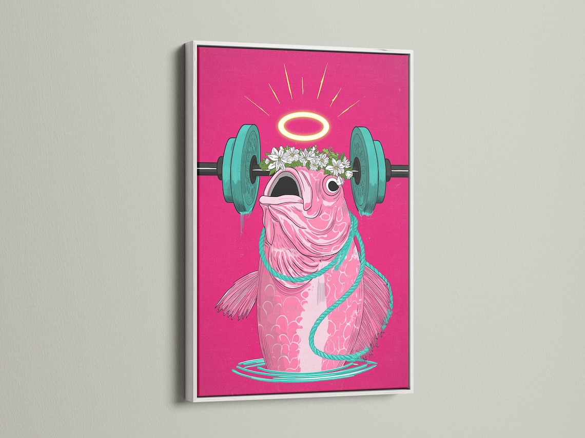Stylised pink fish lifting a teal barbell with a yellow halo and white flowers detail view