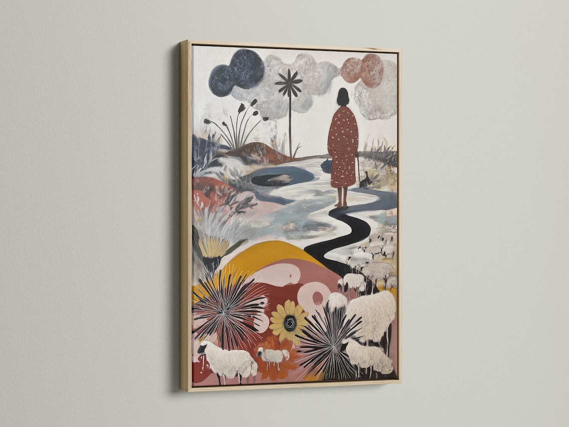Neutral pastoral artwork with sheep, a standing figure, a winding path and stylised flowers detail view