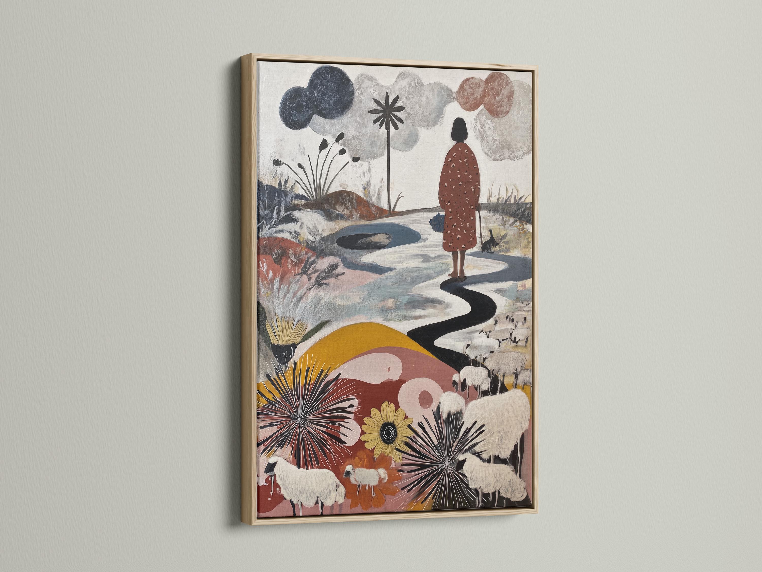Neutral pastoral artwork with sheep, a standing figure, a winding path and stylised flowers detail view
