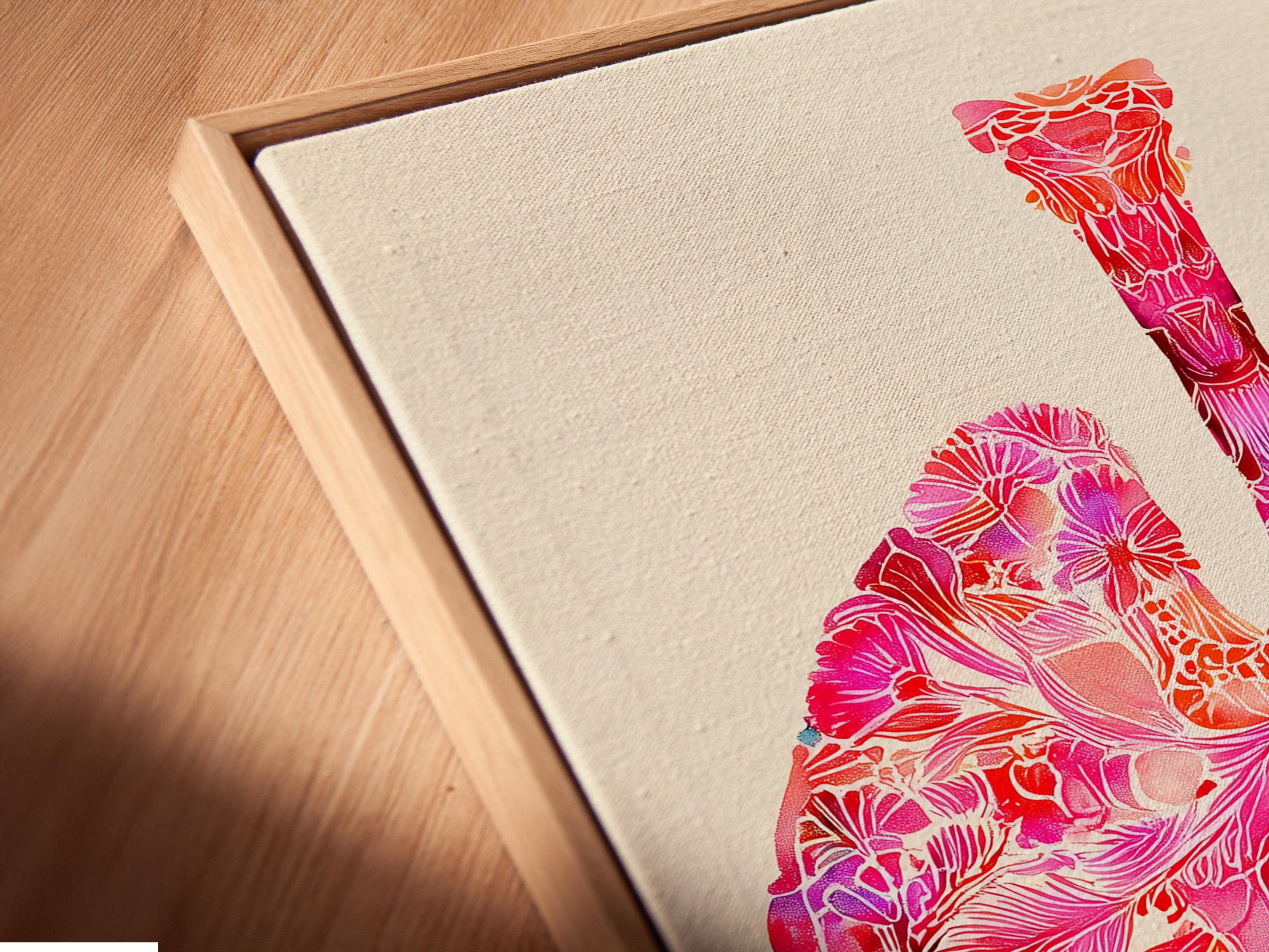Room mockup showing a framed floral lungs artwork with pink and blue anatomy details