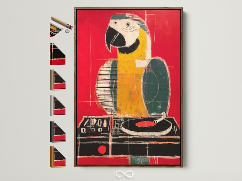 Stylised parrot-like bird artwork in red, yellow and black with painterly, grid-like lines