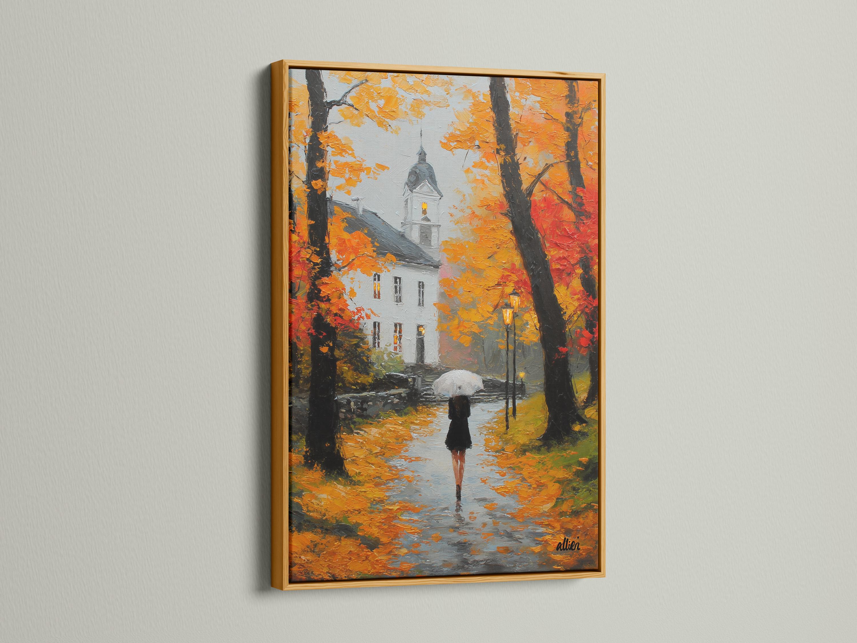 Painted autumn rain street scene with a figure holding an umbrella under orange and red trees detail view