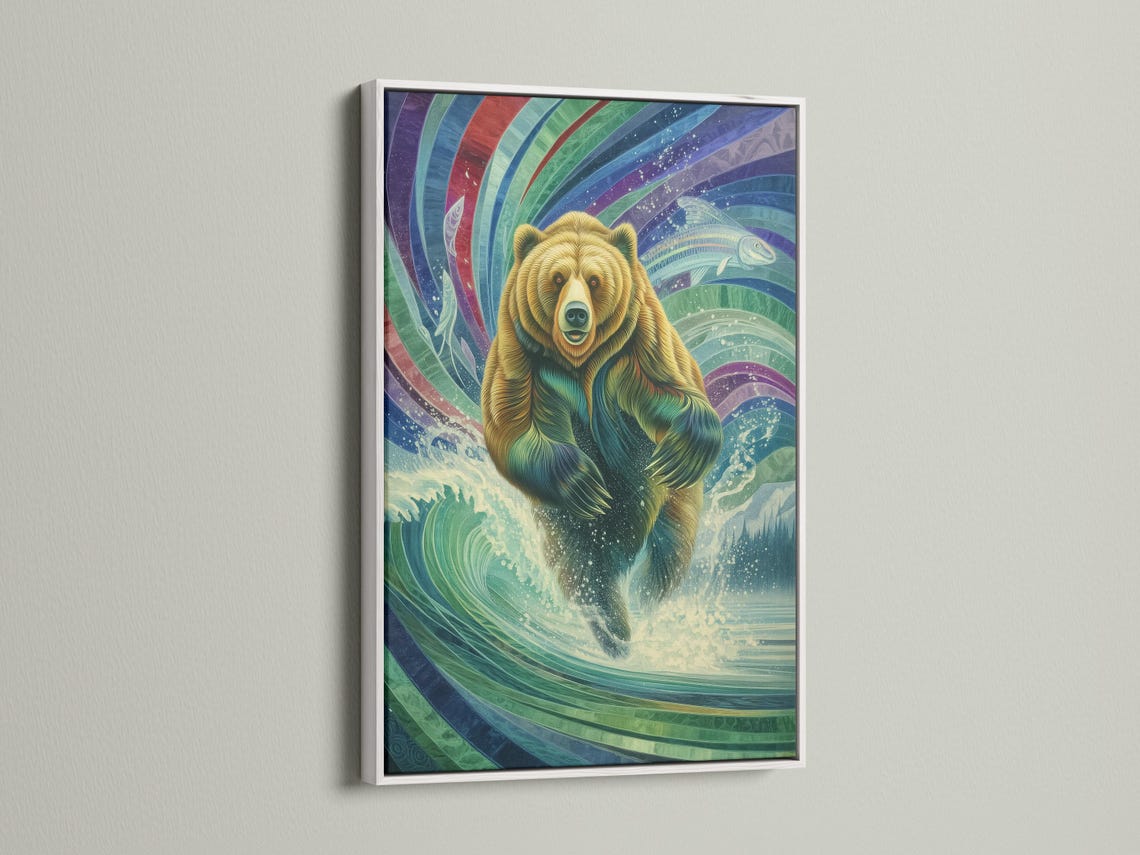 Framed artwork mockup showing a grizzly bear within colourful wave patterns and a fish