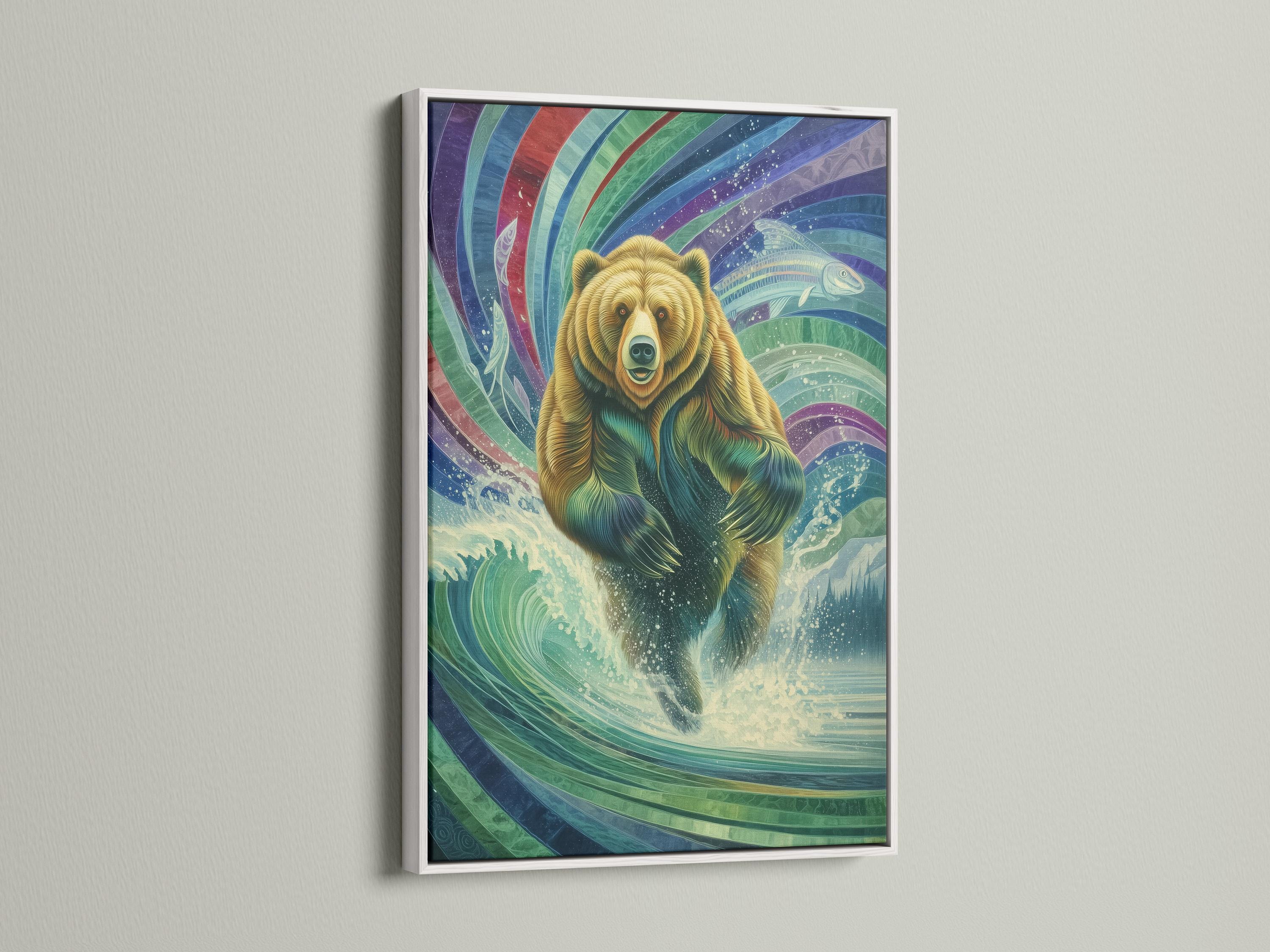 Framed artwork mockup showing a grizzly bear within colourful wave patterns and a fish
