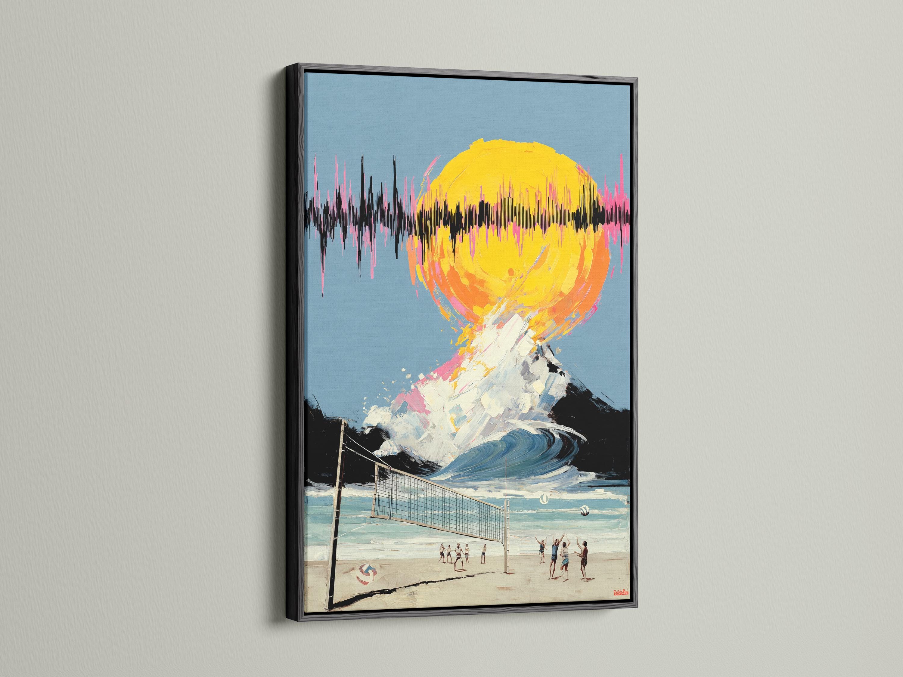 Mockup showing framed artwork featuring surreal beach volleyball and a neon sunset wave