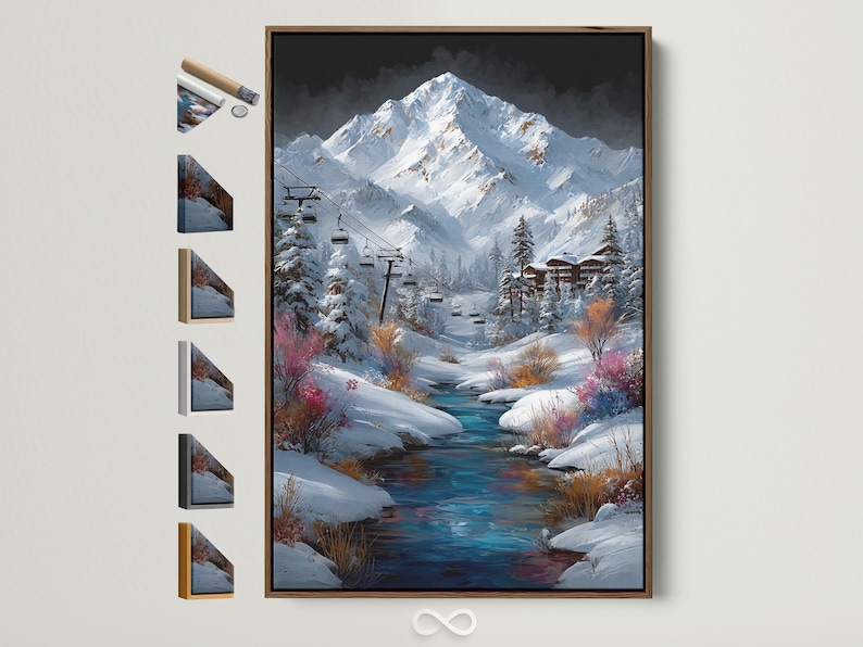Snowy alpine mountain landscape with ski lift gondolas and a winding blue stream