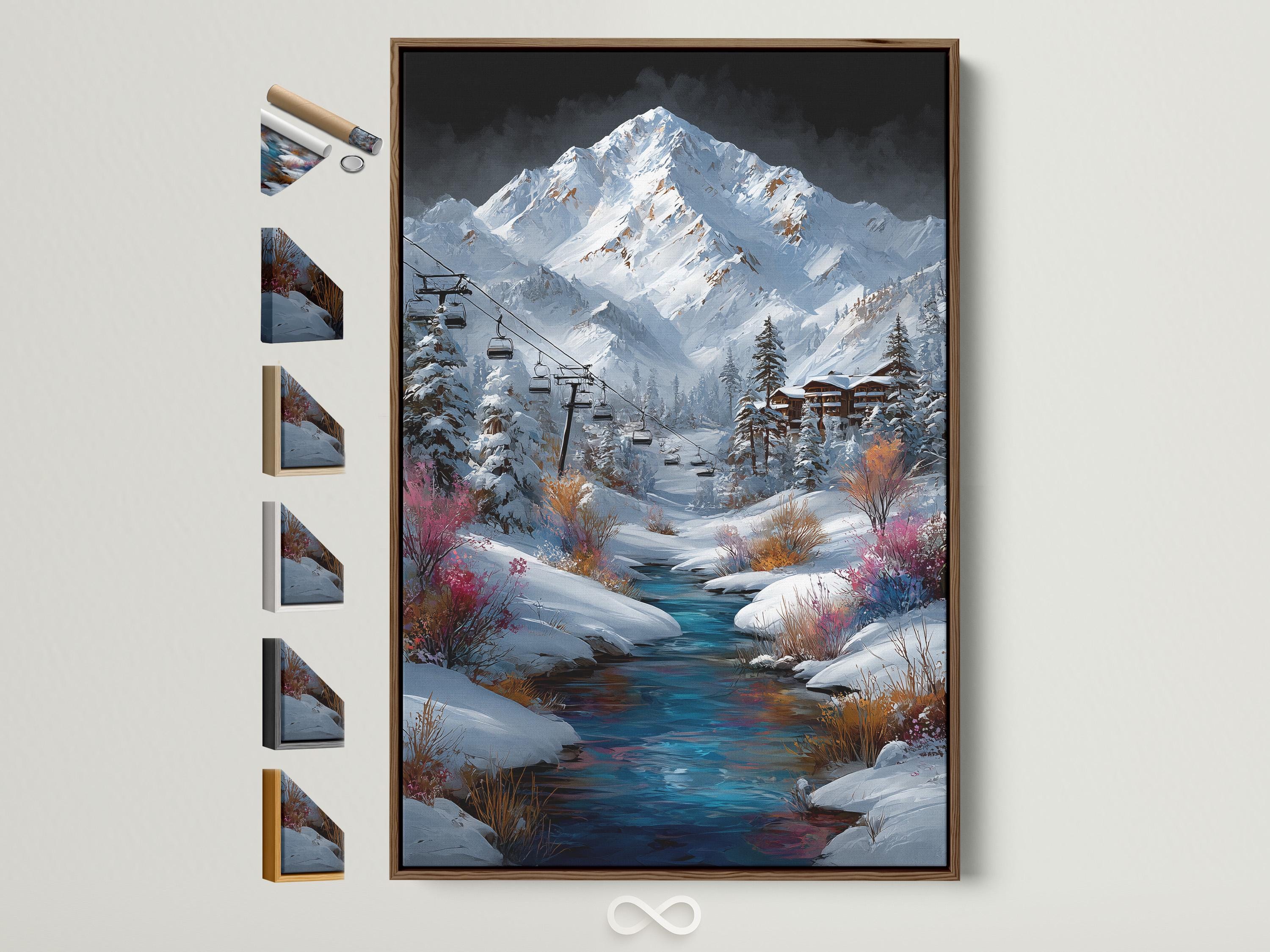 Snowy alpine mountain landscape with ski lift gondolas and a winding blue stream