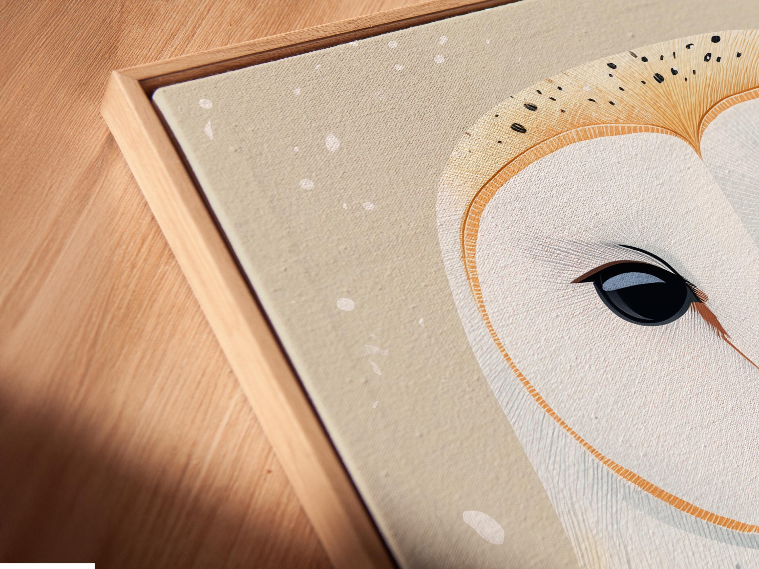 Room mockup showing a framed owl artwork with neutral beige background and orange and blue details