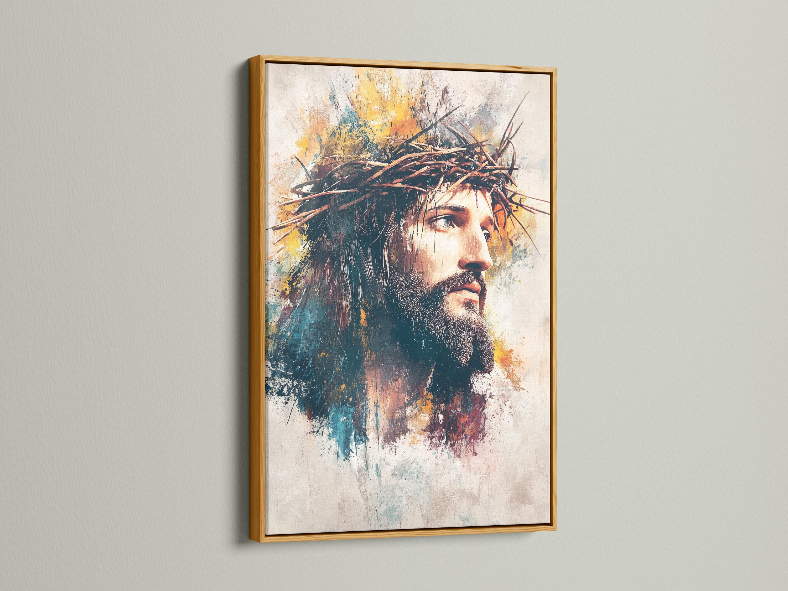 Textured portrait of a man in side profile with a thorn crown motif, in cream, teal and gold tones detail view