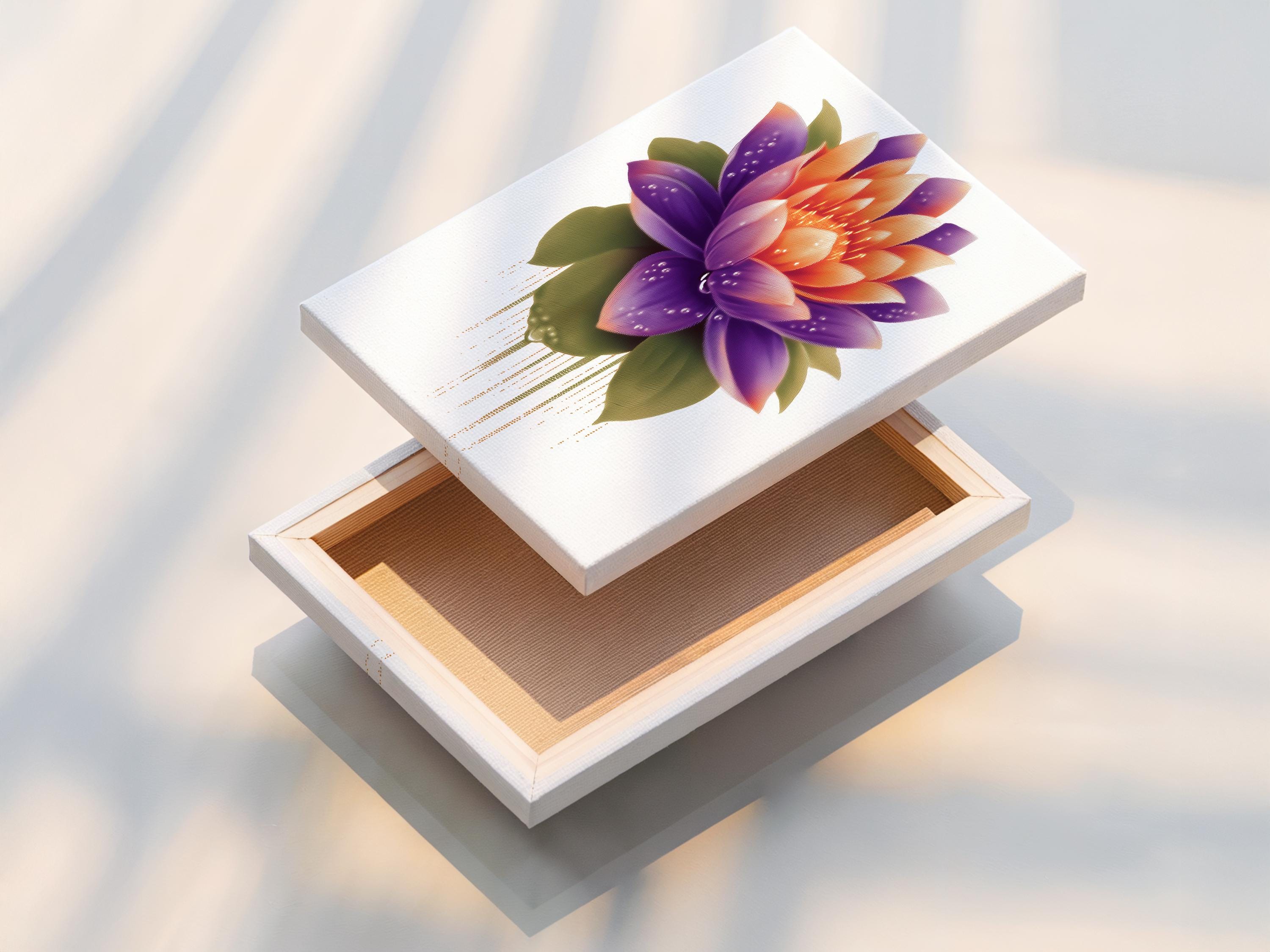 Lotus flower artwork with purple and orange petals and green leaves on a white background detail view