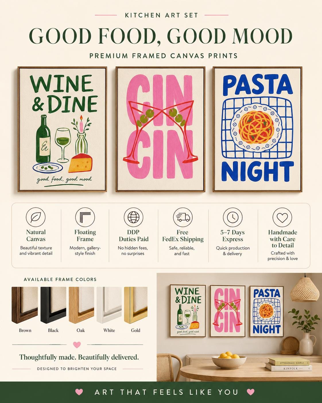 Set of three framed kitchen typography panels: Wine & Dine, Cin Cin and Pasta Night detail view