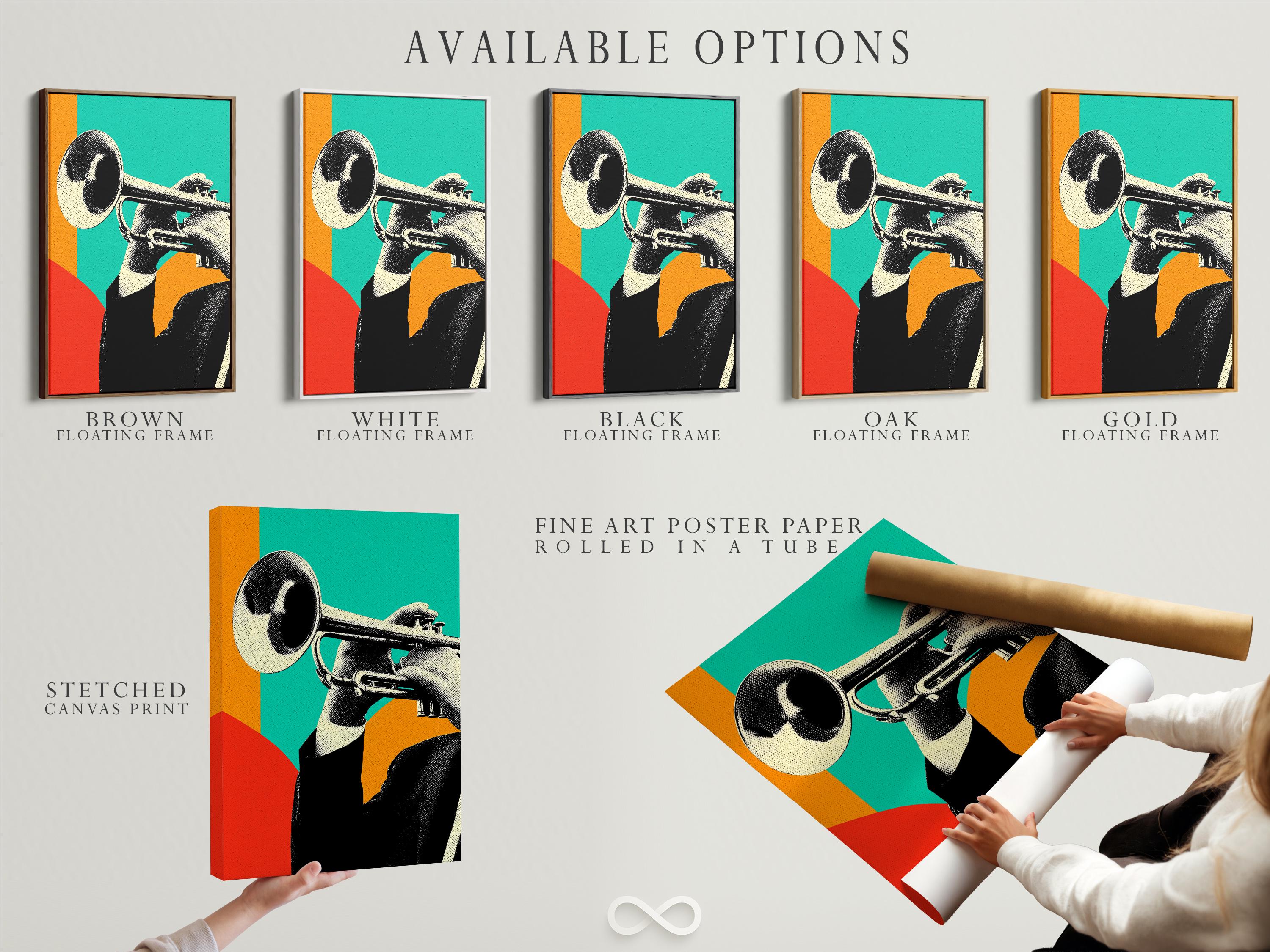 Stylised trumpet player illustration in teal, orange, red and black with cream highlights detail view