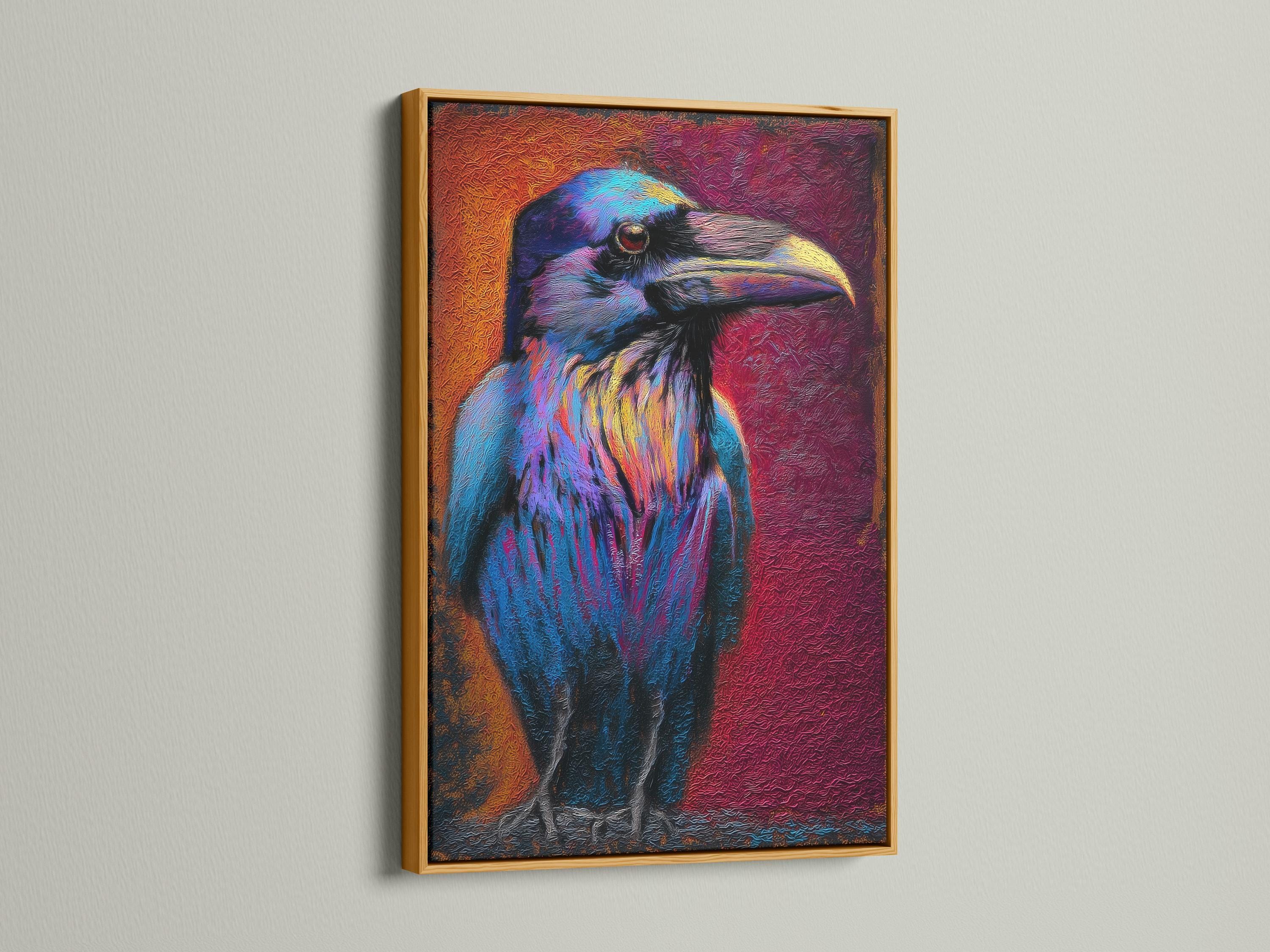 A raven portrait artwork displayed in a barbershop setting