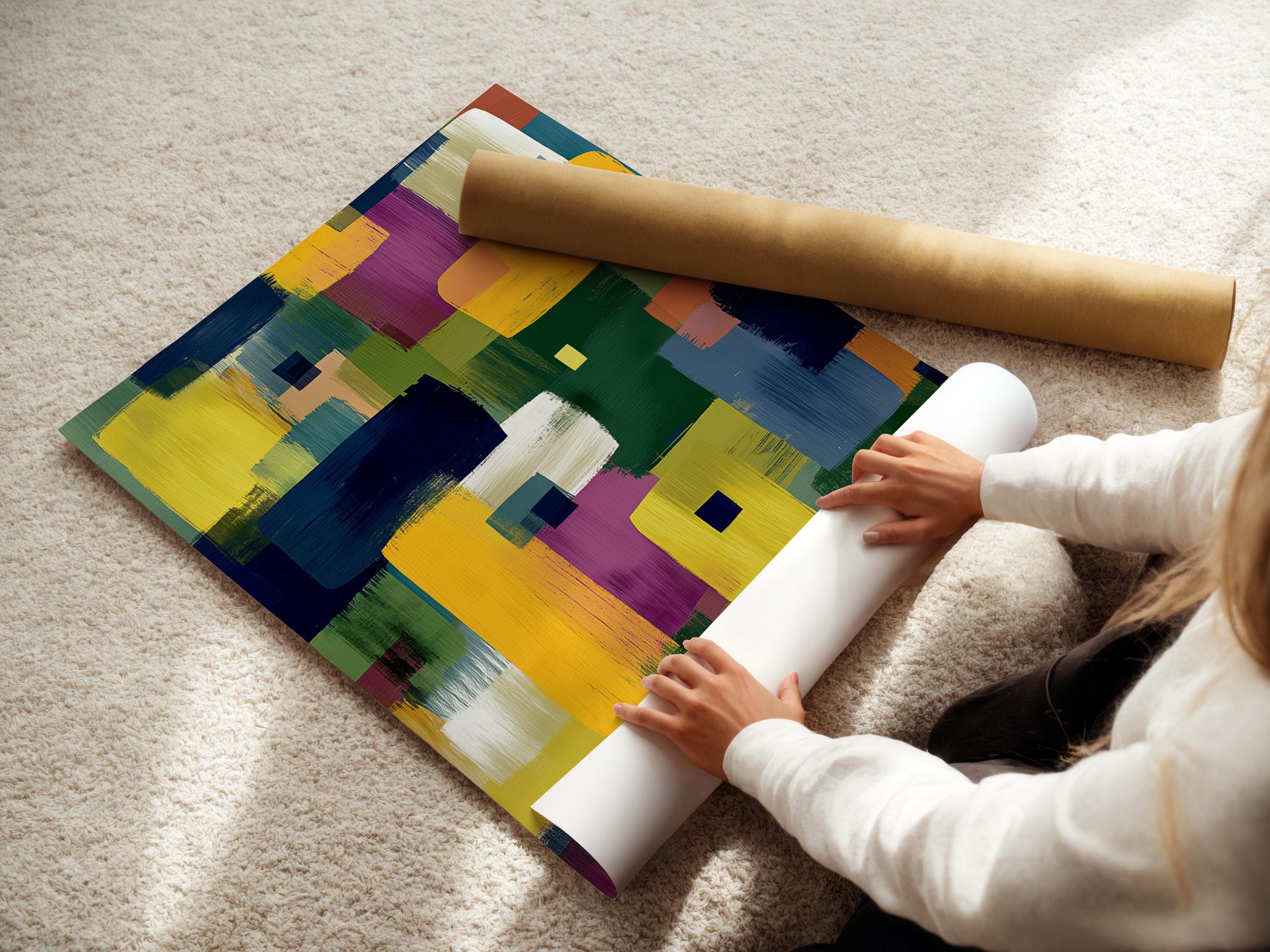 Geometric abstract artwork with overlapping blocks and squares in yellow, navy, green, and purple detail view
