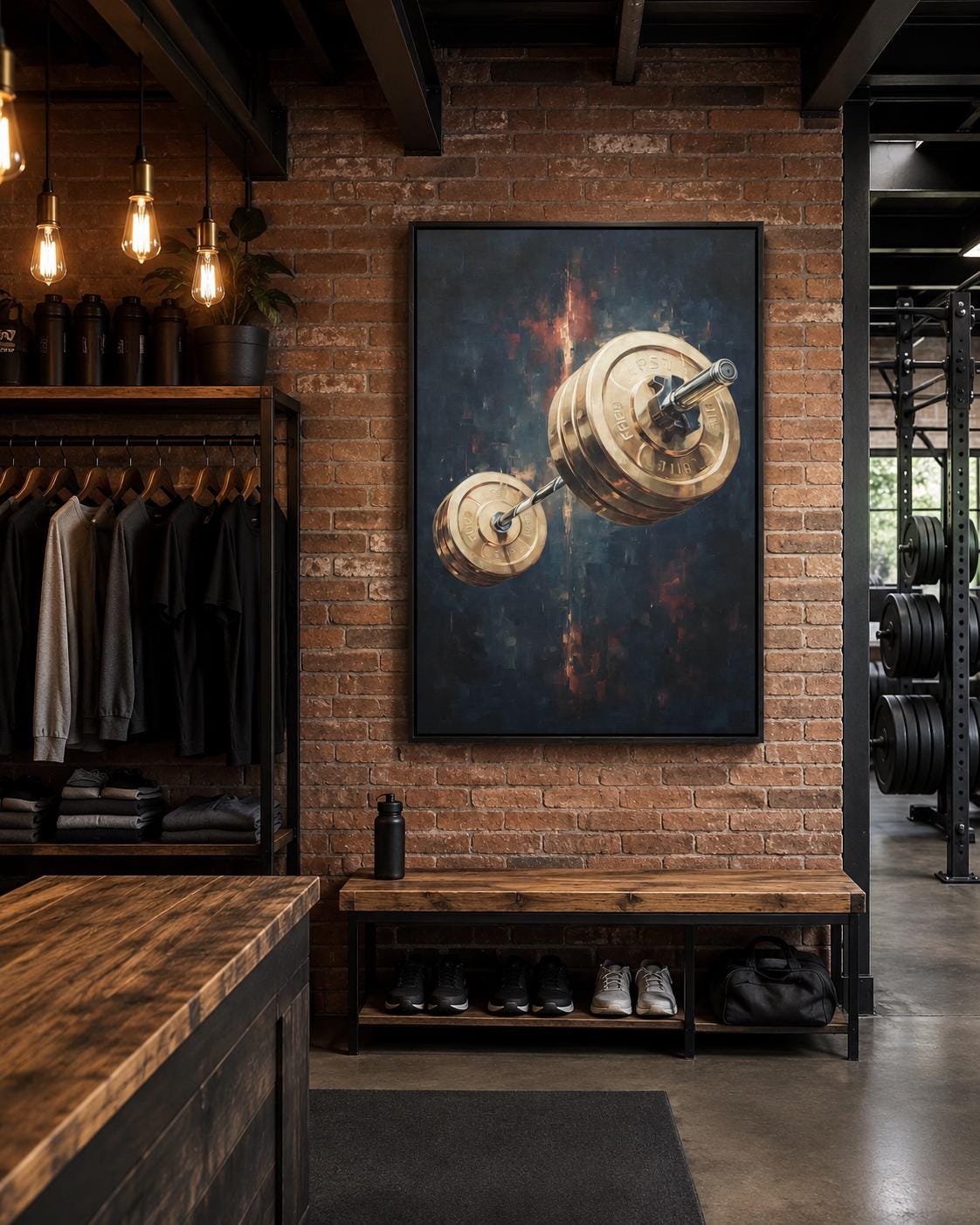 A man standing near a framed gold barbell artwork in a gym-like interior