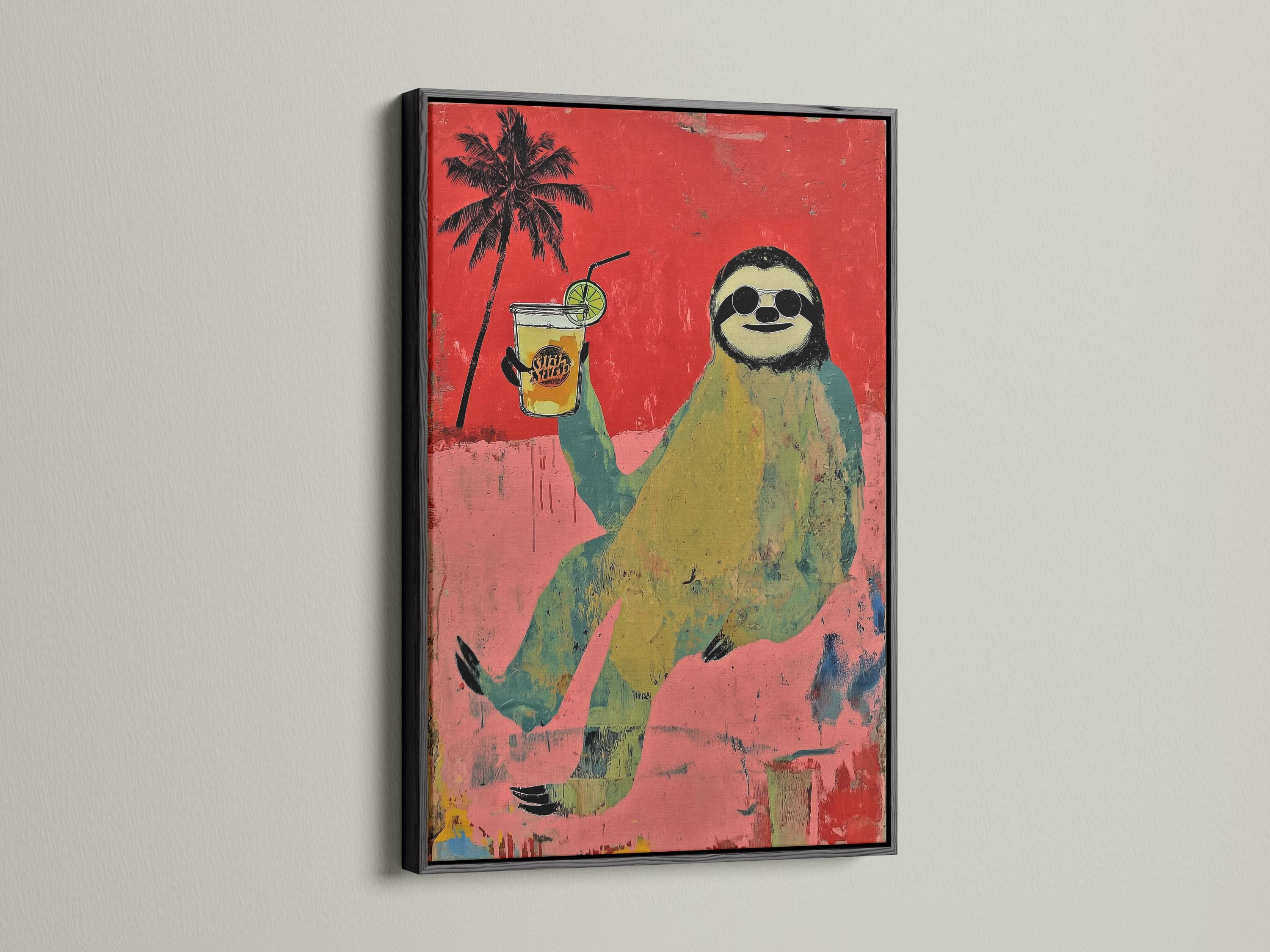Cartoon sloth with round goggles holding a green drink with straw and lime slice, beside a palm tree on a red textured background detail view